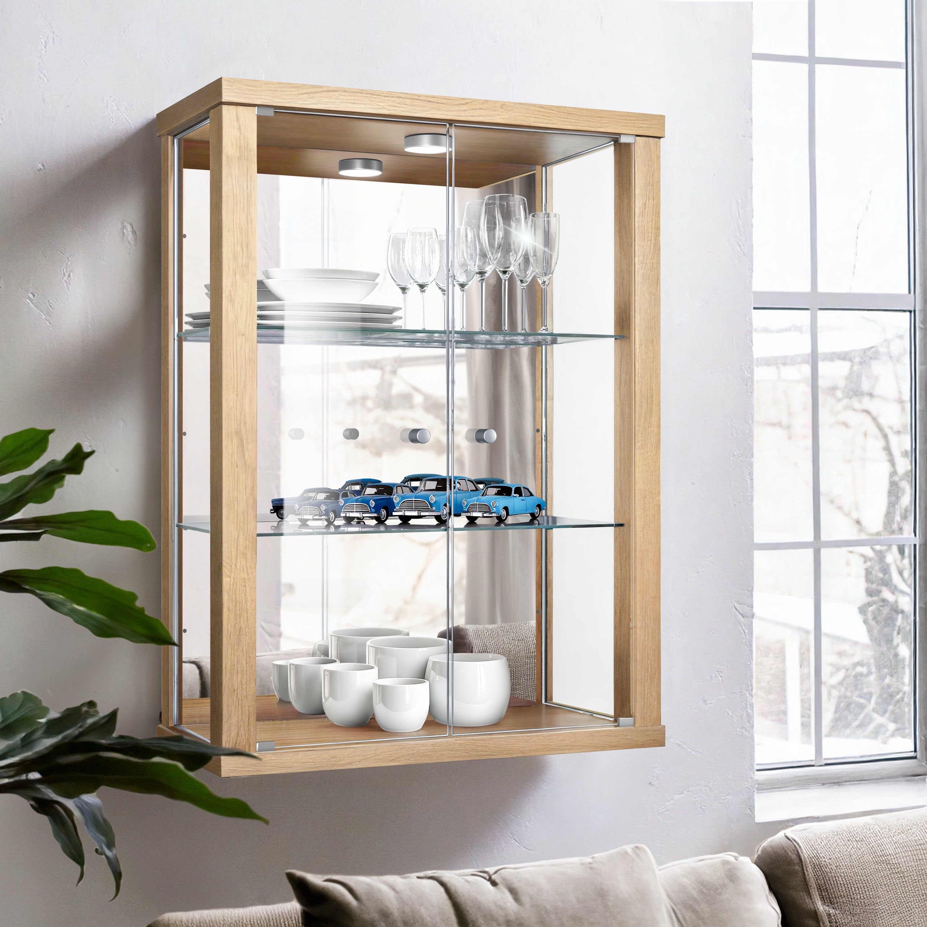 K-Möbel Wisząca witryna szklana w kolorze buku (80x60x25 cm) z LED i lustrem