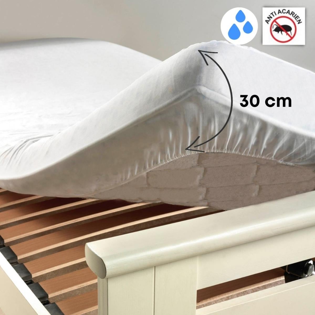 Protège matelas Molleton Imperméable, Anti-acariens, Forme drap housse, 140x190cm, Blanc, 100% Coton, Bonnet de 30cm - 2