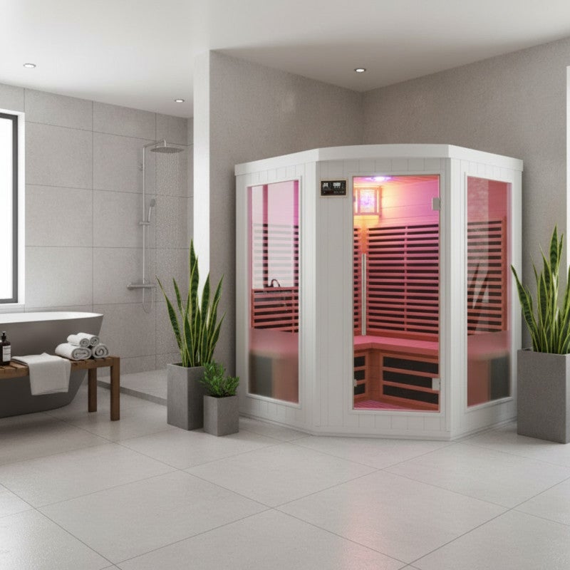 SNÖ Sauna d'angle infrarouge 3-4 places 2200W Hemlock blanc 9 panneaux carbone - 3