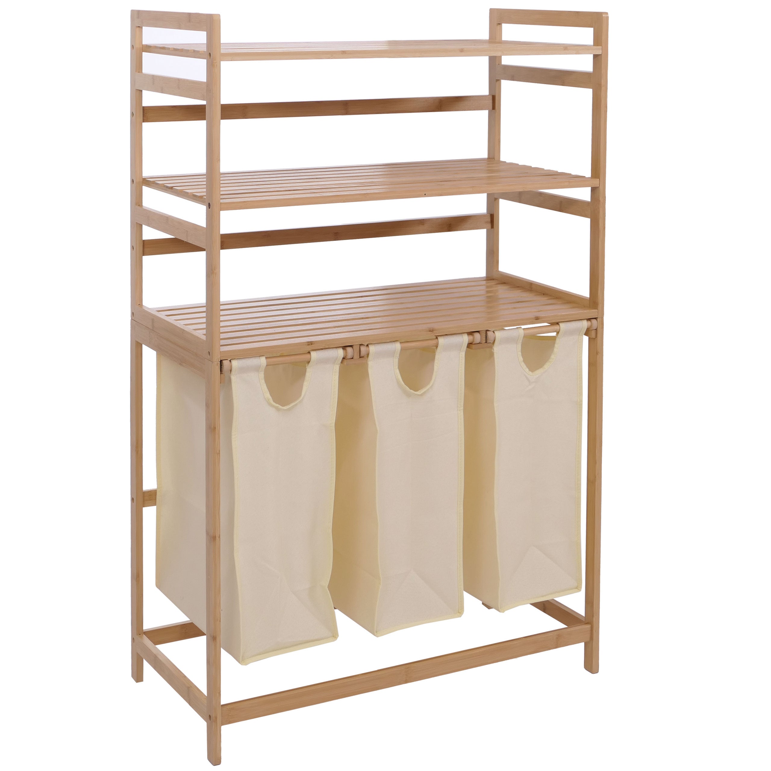 Bambusowy kosz na pranie HWC-P78, kosz do sortowania prania, regał na pranie, organizer do prania, 3 półki, MVG 125 x 80 x 40 cm, 135 l ~ kremowy