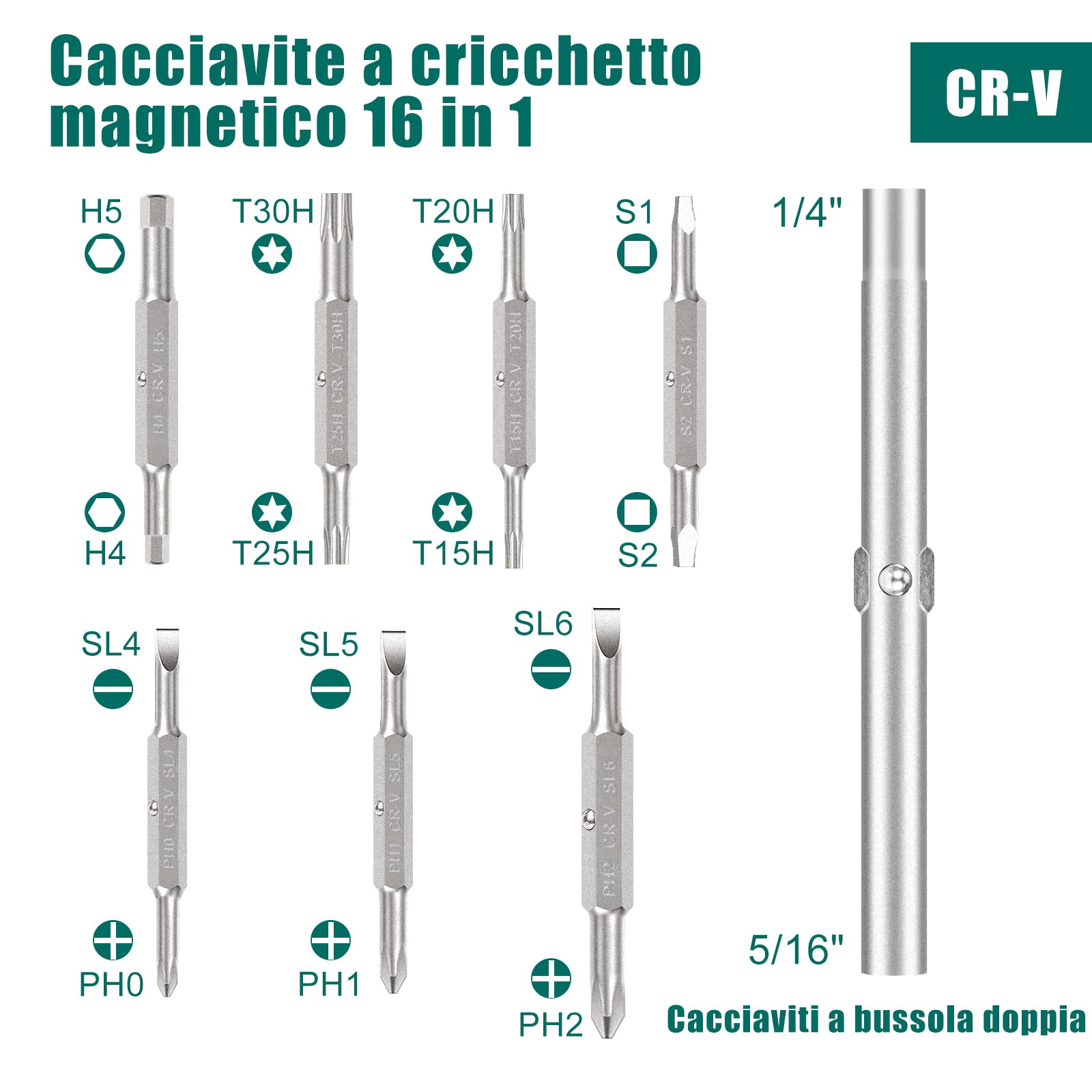 HYCHIKA 16 pezzi in 1 cacciavite a cricchetto, set di cacciaviti magnetici tutto in uno, multiutensile a cricchetto con punte esagonali a doppia estre - 4