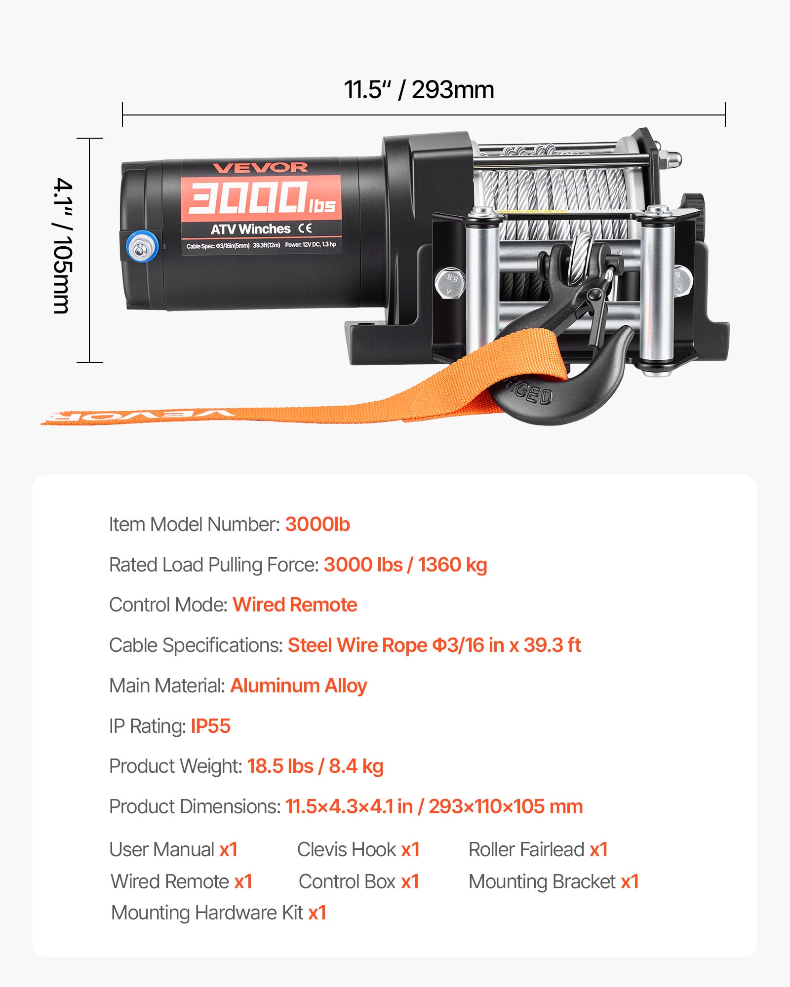 Treuil Électrique VEVOR 12 V CC 1360 kg Treuil pour Quad SSV Tout-terrain Remorquage, Câble en Acier 5 mm x 12 m, Télécommande Filaire, Étanche IP55 - 7