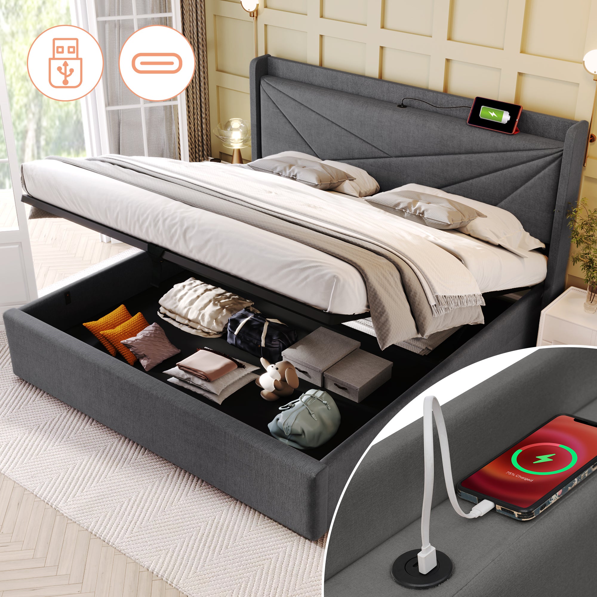 Lit coffre double 160x200 cm USB Type-C tête de lit rangements intégrés tissu lin - 5