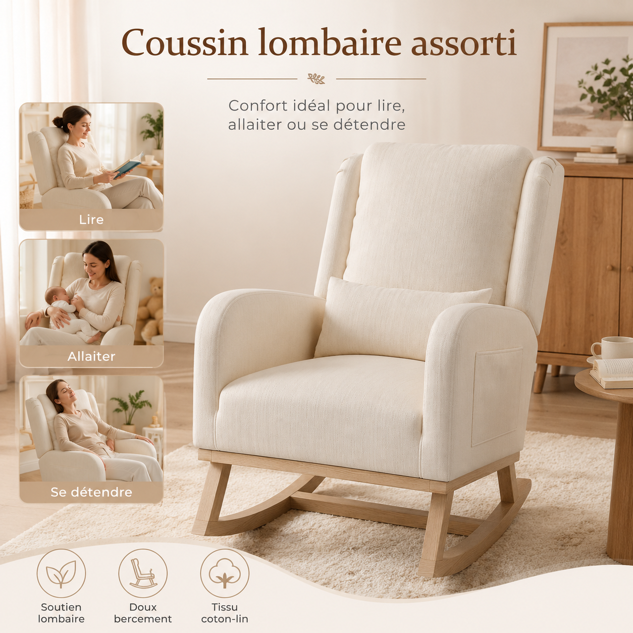 Rocking Chair avec Coussin Lombaire, Allaitement Fauteuil Avec Tapis Antidérapant et Accoudoirs, Chaise Loisir avec Pieds en E' Bois, Beige Lin - 6