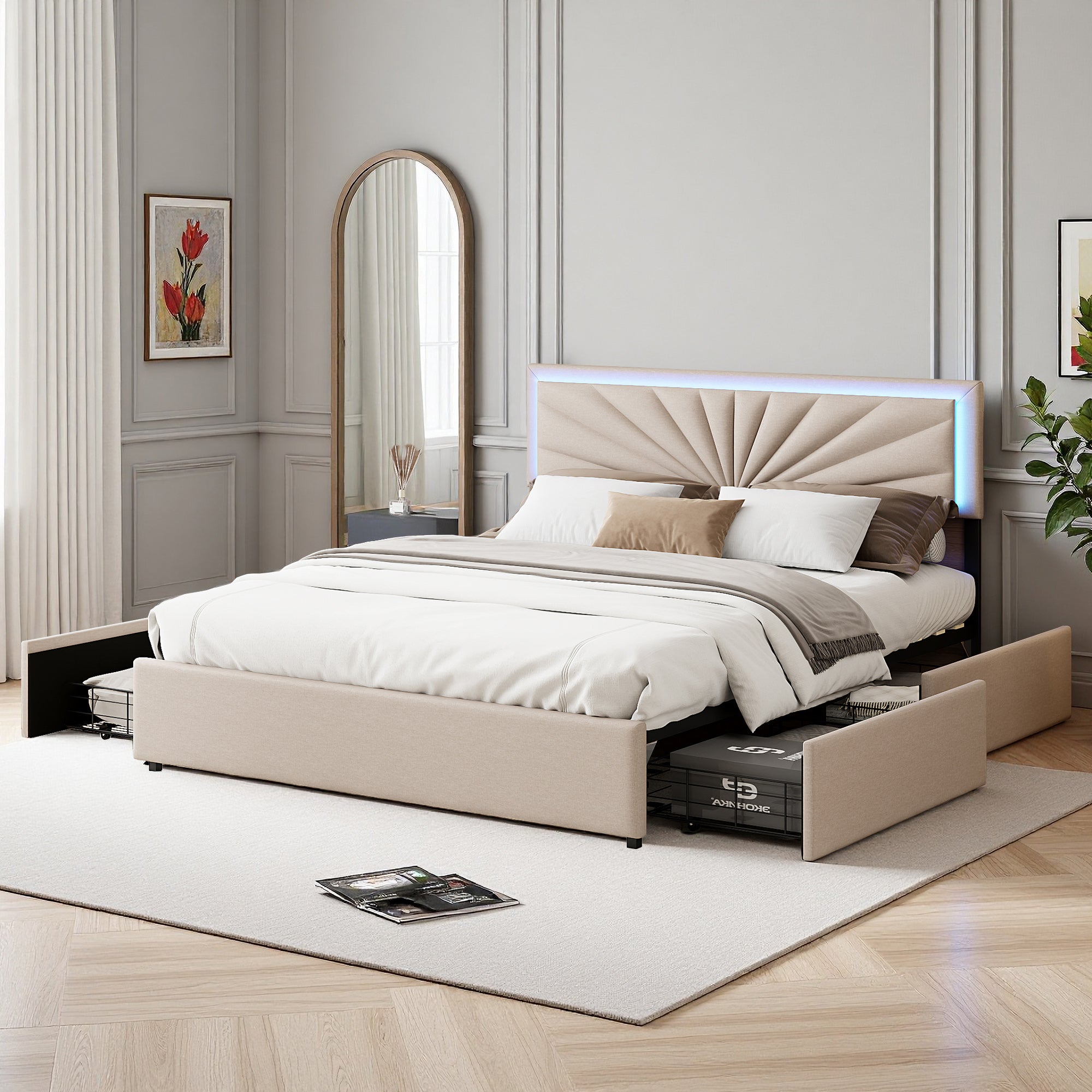 Lit double 160x200 cm - COZY- tissu en lin - 4 tiroirs - LED - lit 160x200 cm - Beige - 3