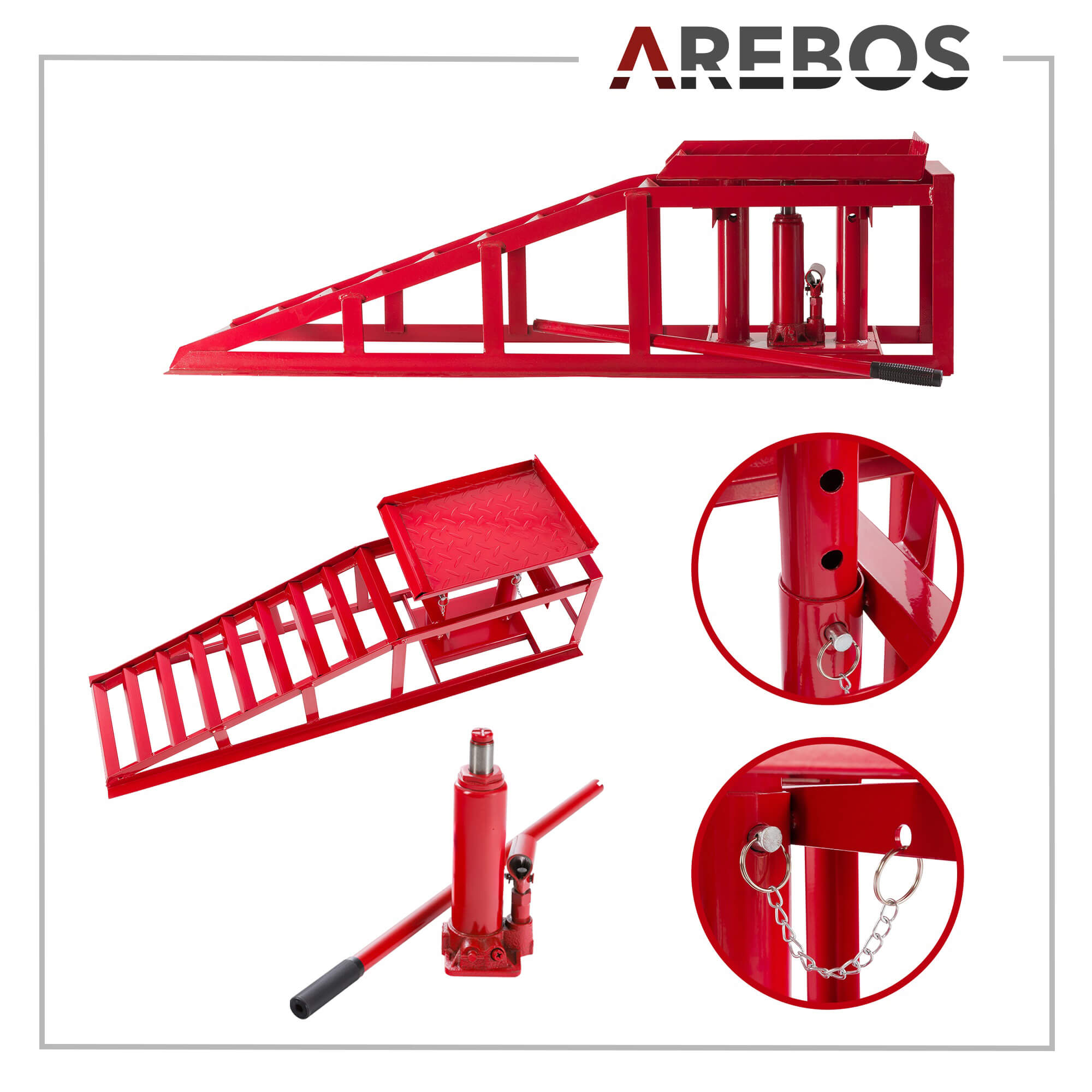 AREBOS Rampa di accesso regolabile 290–375 mm in acciaio robusto con cilindro idraulico, capacità di carico fino a 2000 kg Rosso - 3