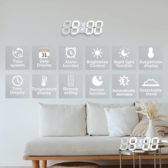 Horloge murale numérique LED 3D Petit réveil Affichage de la température 12/24 heures Mémoire de l'heure Fonction snooze Veilleuse Luminosité réglable - 5