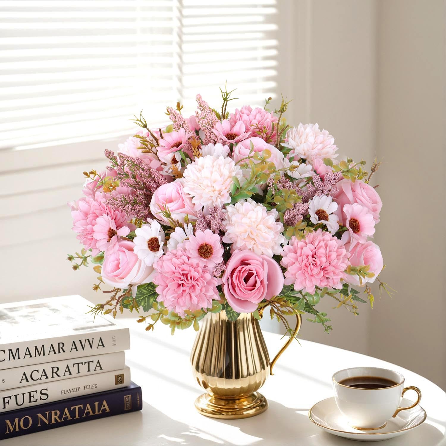 Lot de 4 bouquets de roses artificielles, 33 cm, roses en soie réalistes, pour décoration de table, cuisine, maison, rose - 4