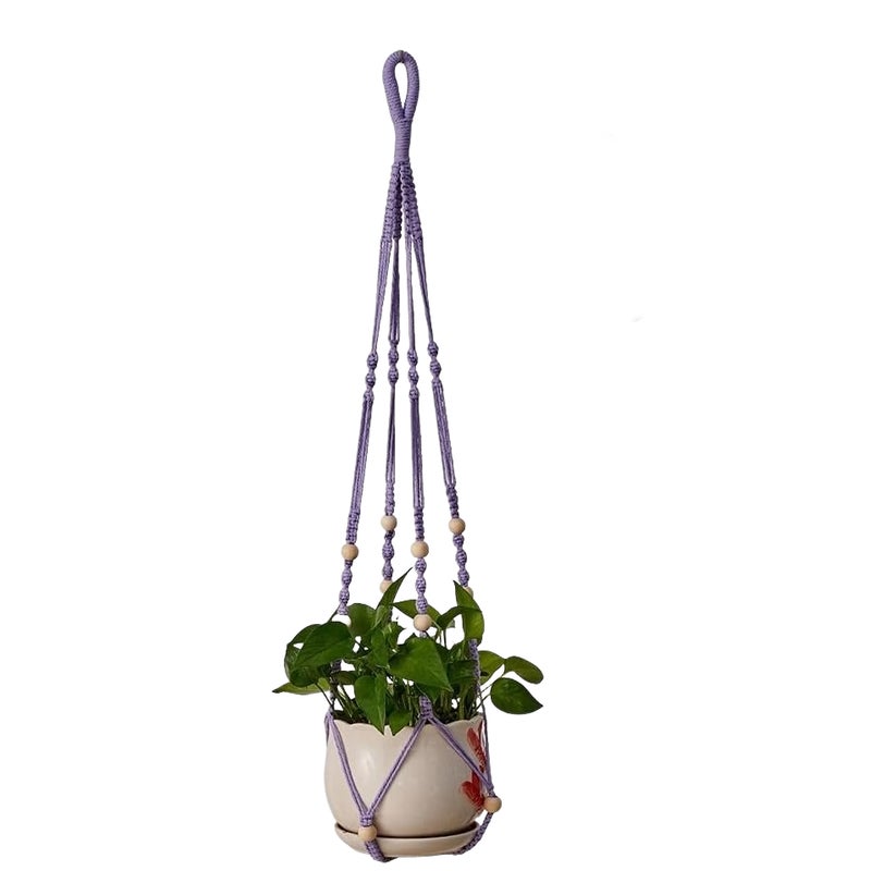 Wiszący kosz na rośliny wykonany z fioletowego bawełnianego sznurka, 98 cm, z drewnianymi koralikami, do dekoracji wnętrz, haczyki nie są dołączone.