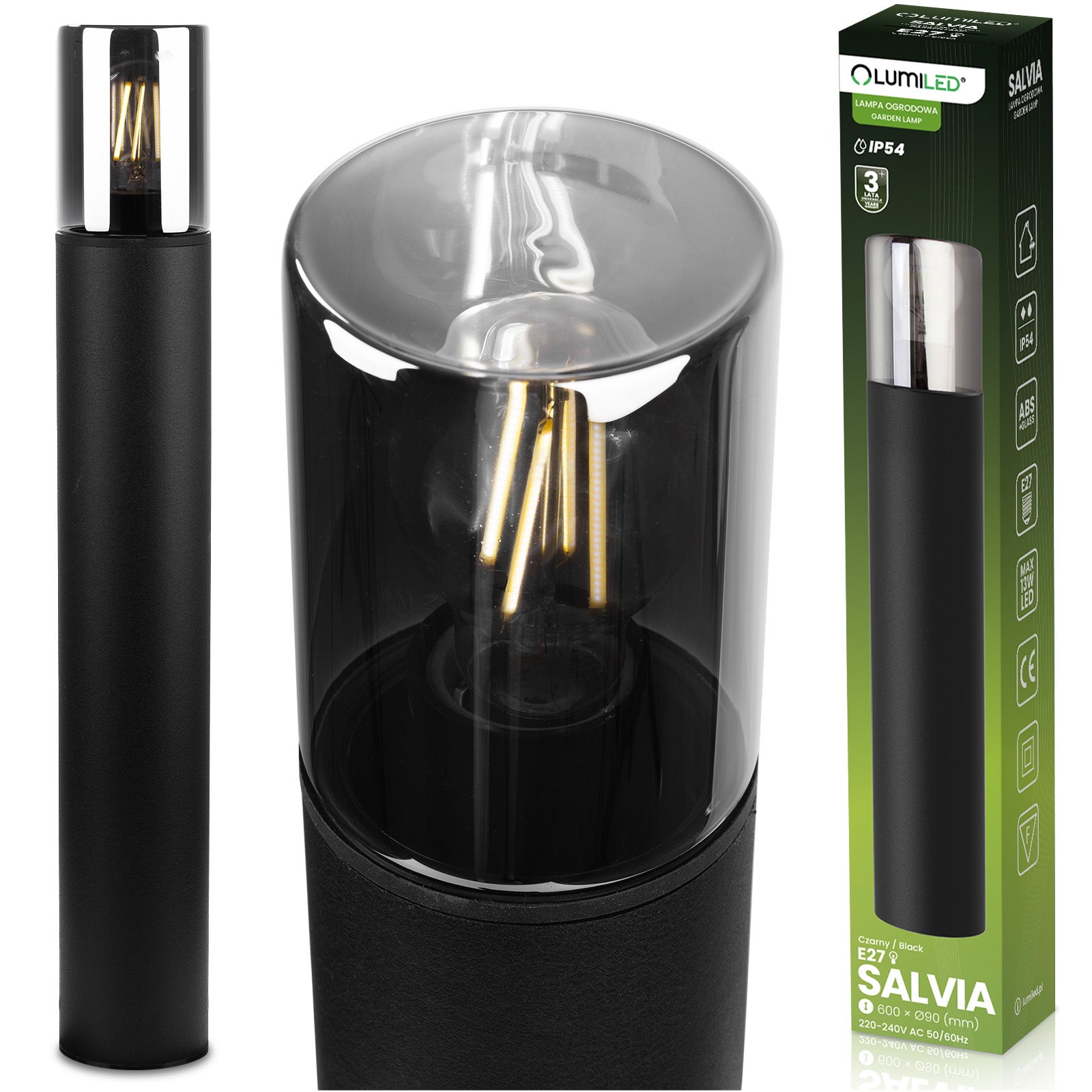 Lampa Ogrodowa Lumiled Stojąca Zewnętrzna Słupek E27 Czarna Szkło IP54 60 cm 1 szt.