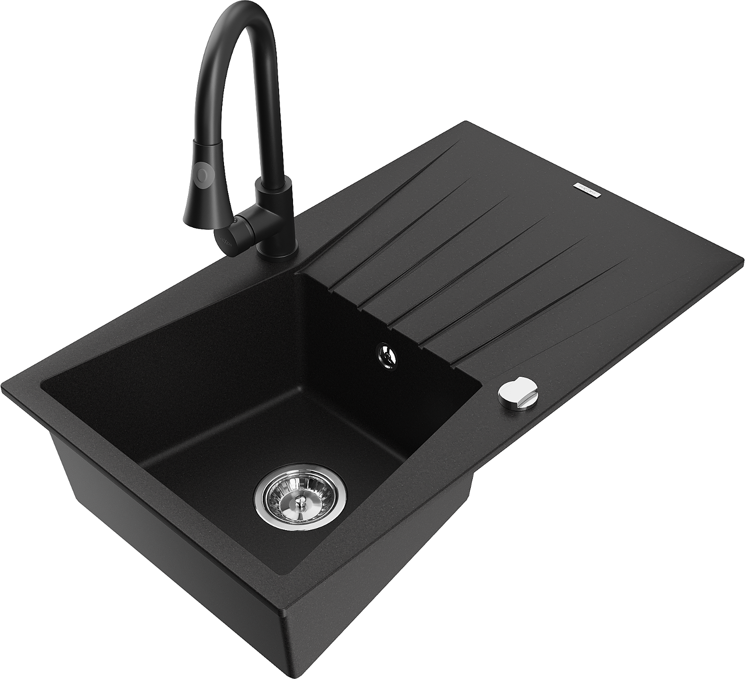 Mexen Cesar zlewozmywak granitowy 1-komorowy z ociekaczem i baterią kuchenną Elia, czarny - 6514-77-670101-70