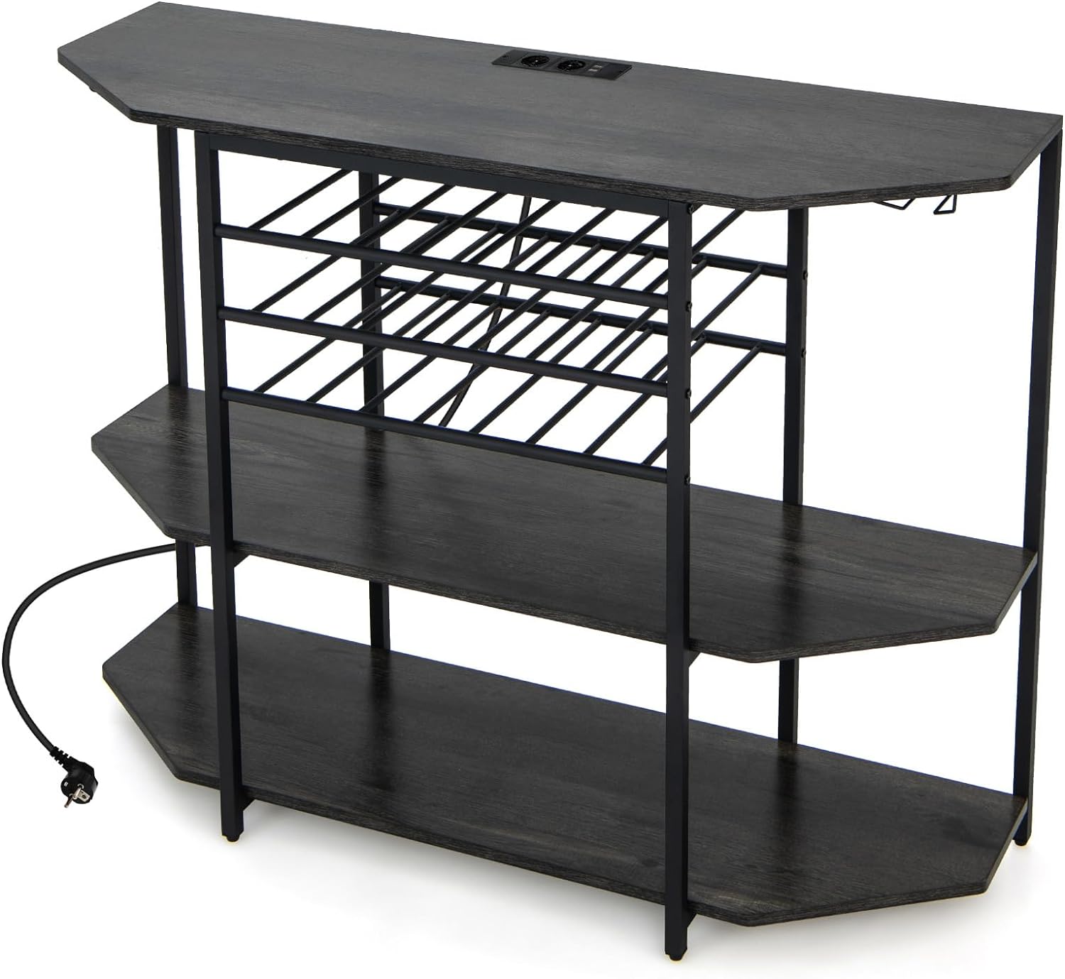 3-Poziomowy Regał na Butelki z Wbudowaną Stacją Ładującą – Otwarte Regały i Szary Uchwyt na Butelki Wina