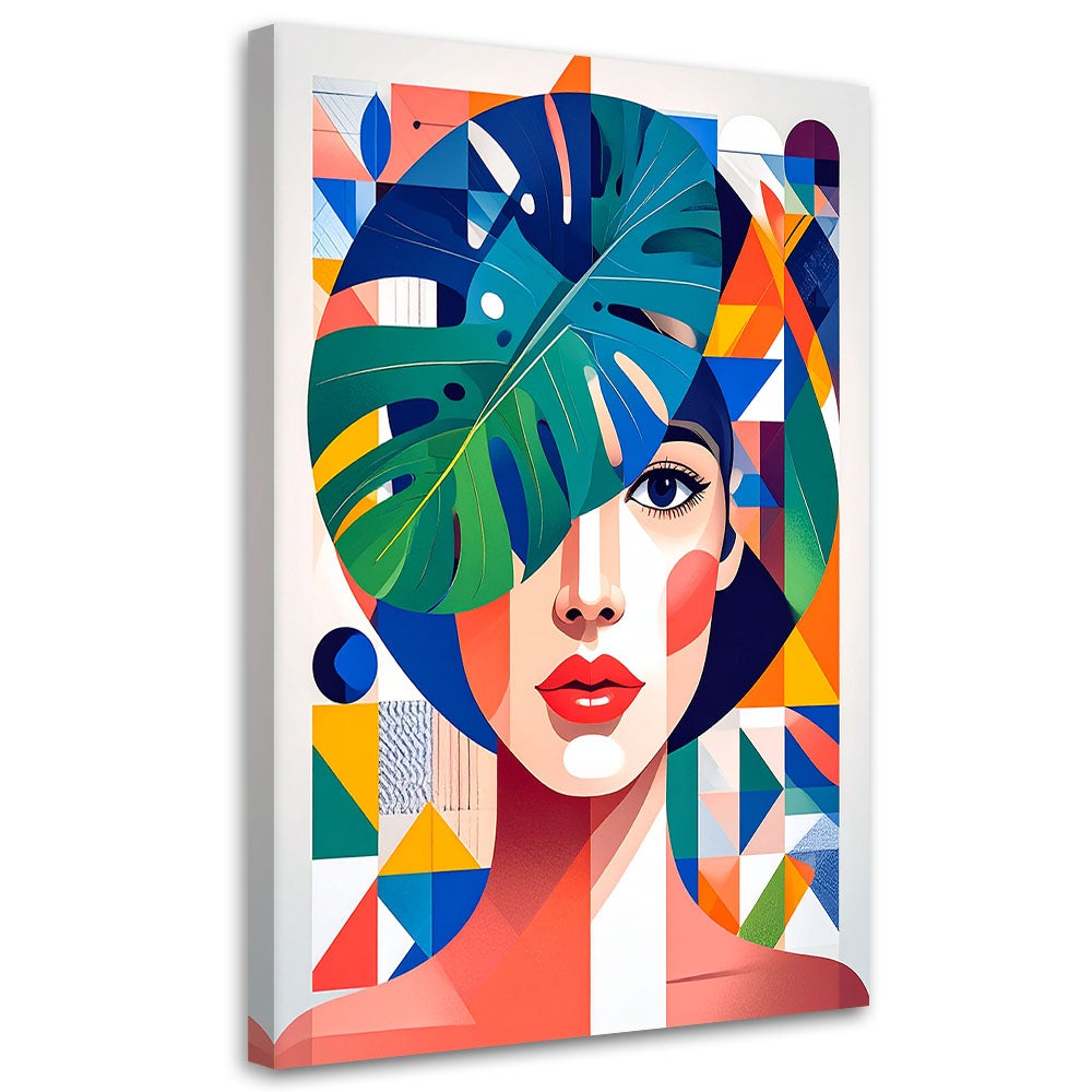 Obraz do salonu sypialni, Kobieta liście monstera w stylu Bauhaus 80x120
