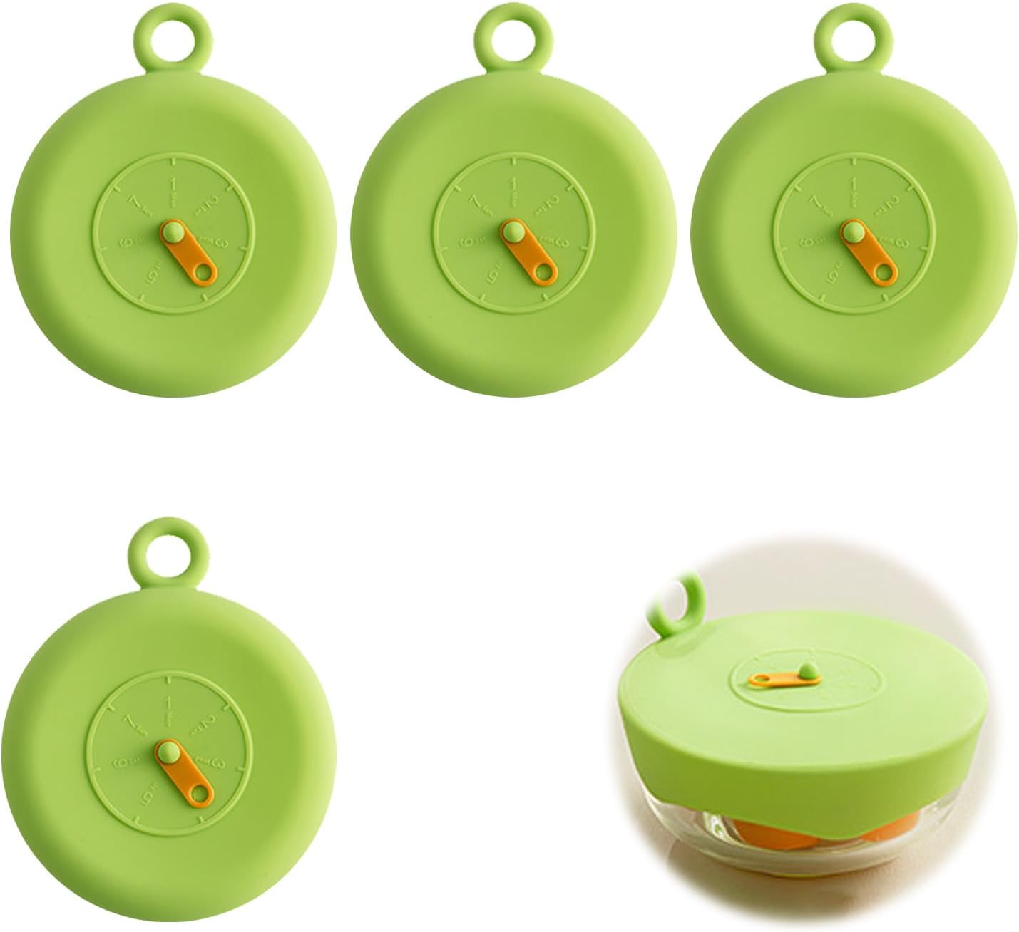 Pokrywka silikonowa spożywcza, 4 sztuki, rozciągliwa silikonowa pokrywka z znacznikiem czasu, 10 cm, wielokrotnego użytku, bez BPA, odpowiednia do kub