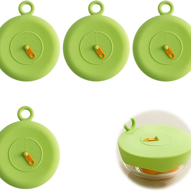 Pokrywka silikonowa spożywcza, 4 sztuki, rozciągliwa silikonowa pokrywka z znacznikiem czasu, 10 cm, wielokrotnego użytku, bez BPA, odpowiednia do kub