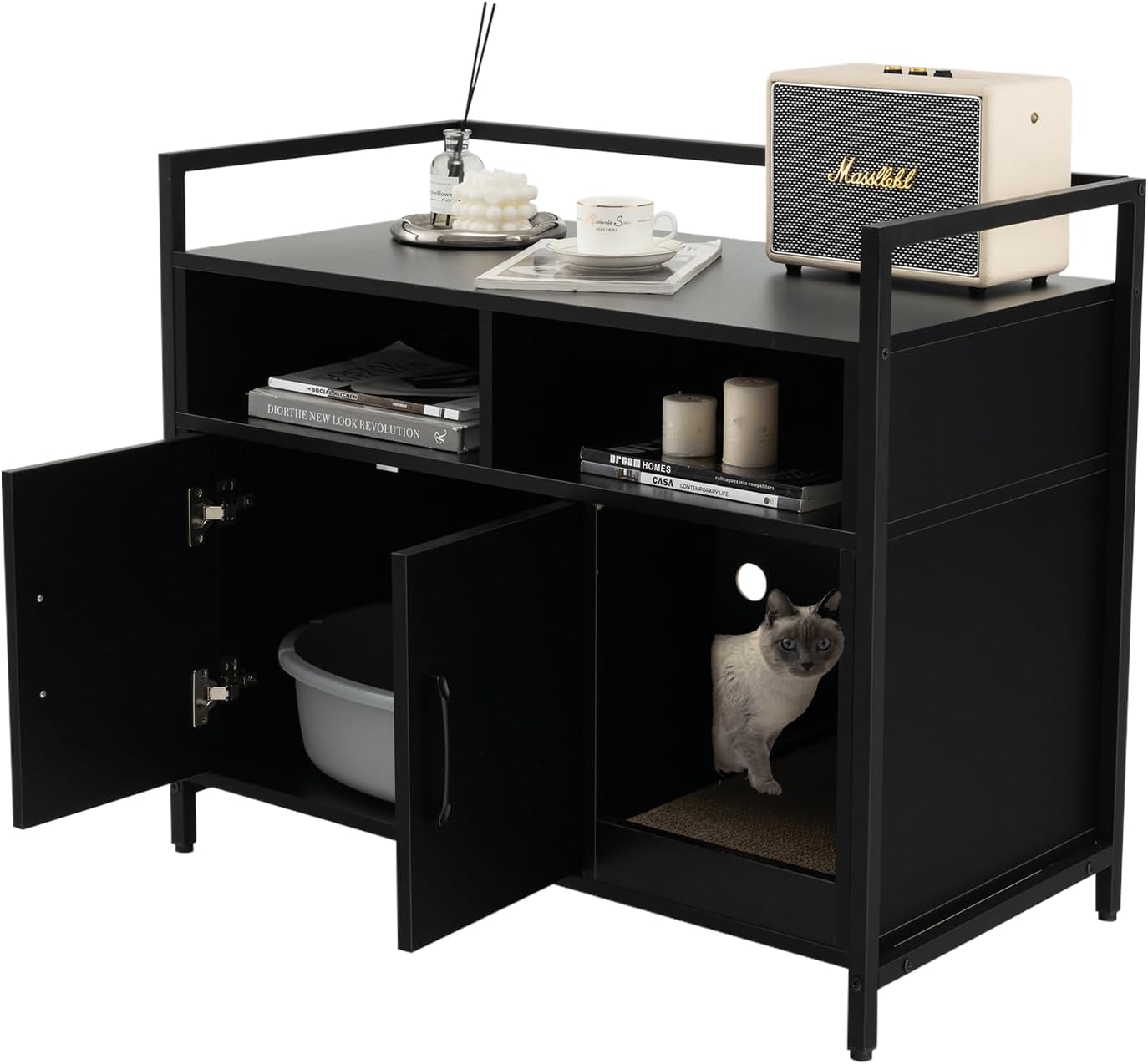 Mueble Arenero para Gatos, Caja de Arena Con Estructura de Metal