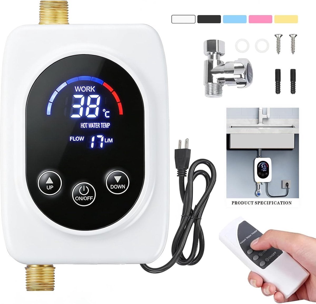Încălzitor de apă electric instantaneu, 3800W 220V, cu ecran tactil și telecomandă, max. 55°C, design pentru sub blat, pentru bucătărie și camping