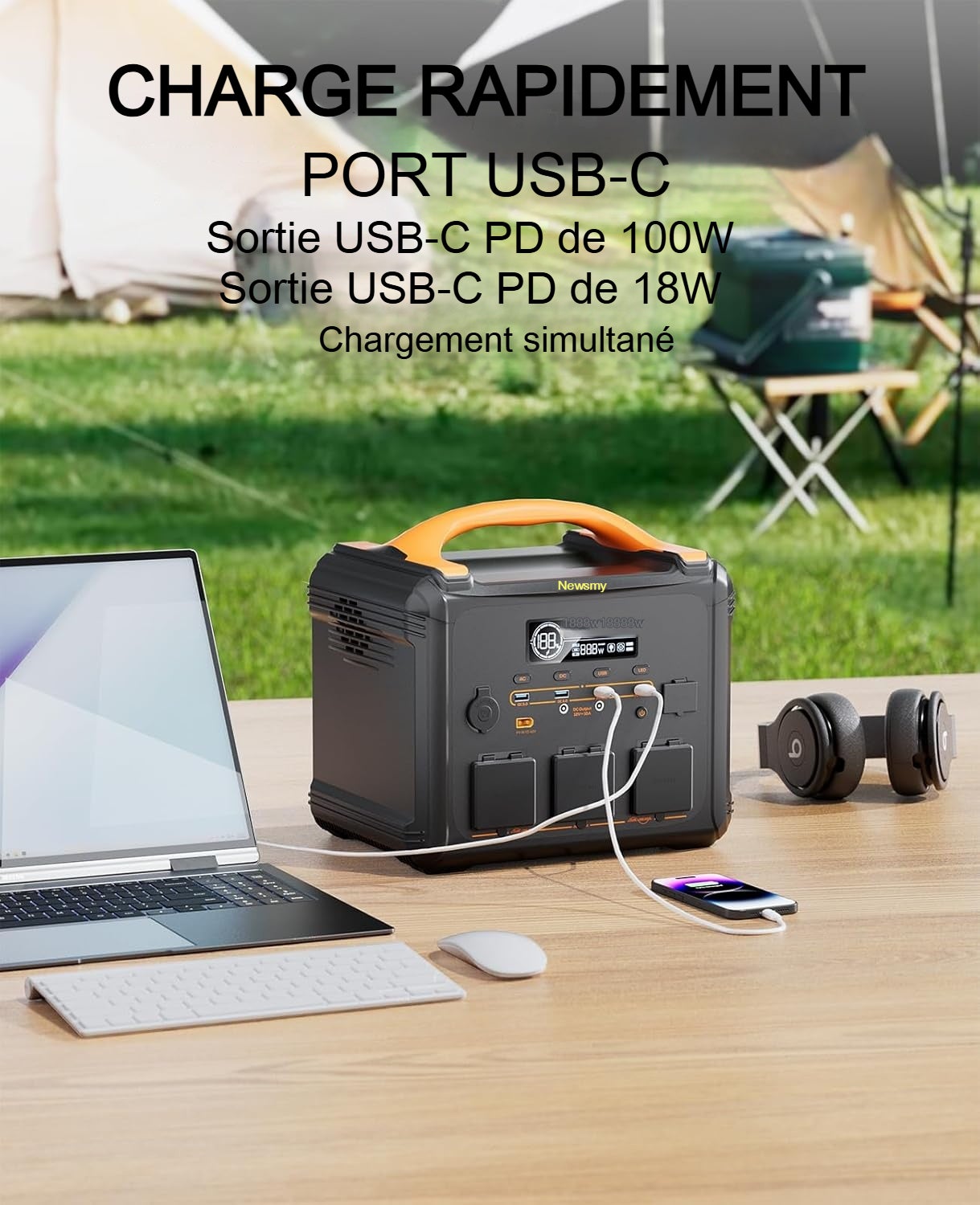Centrale électrique portable 1102,5 Wh Newsmy S1210 2000 W/3000 W crête, prise onde sinusoïdale pure, charge rapide 1 h, sortie PD100 W, ABS ignifuge - 7