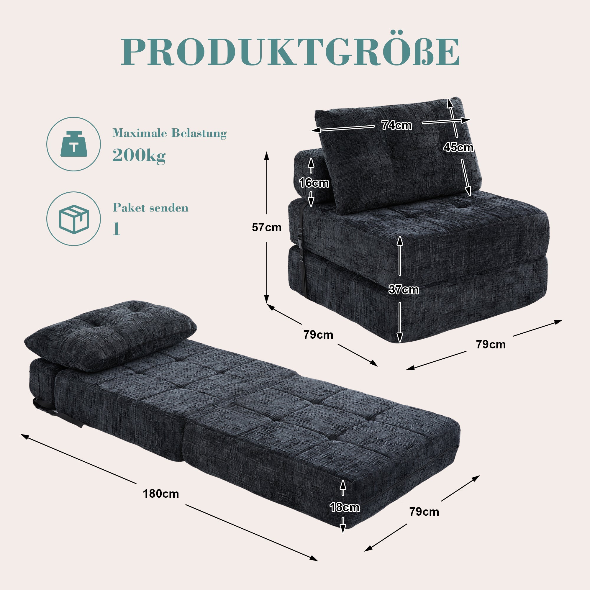 Canapé-lit pliable, canapé-lit avec coussins, matelas pliable avec dossier, canapé pliant portable, canapé de sol confortable pour salon et chambre - 7
