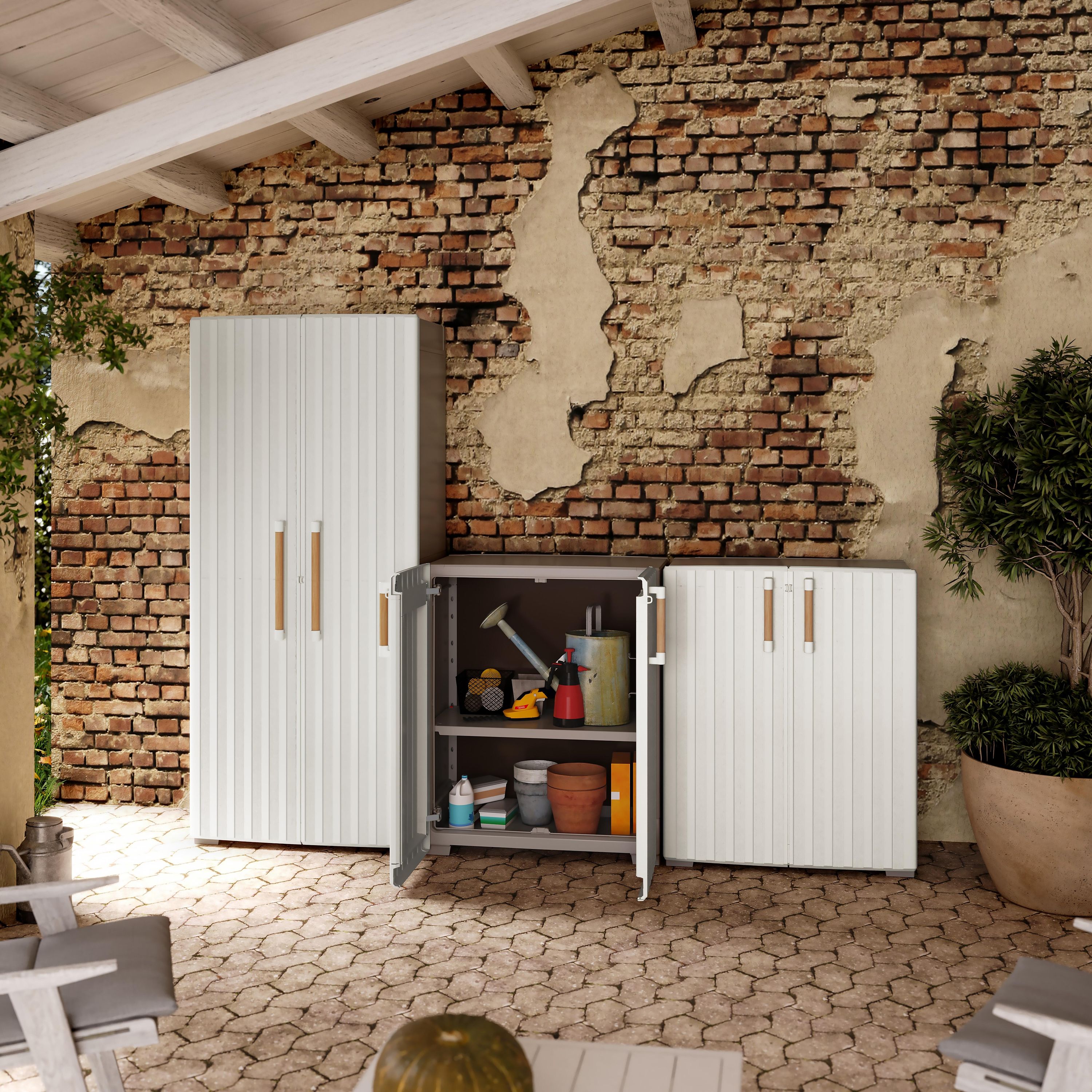 Armoire basse en polypropylène avec 2 portes et 1 étagère beige 98x80x45cm - 6