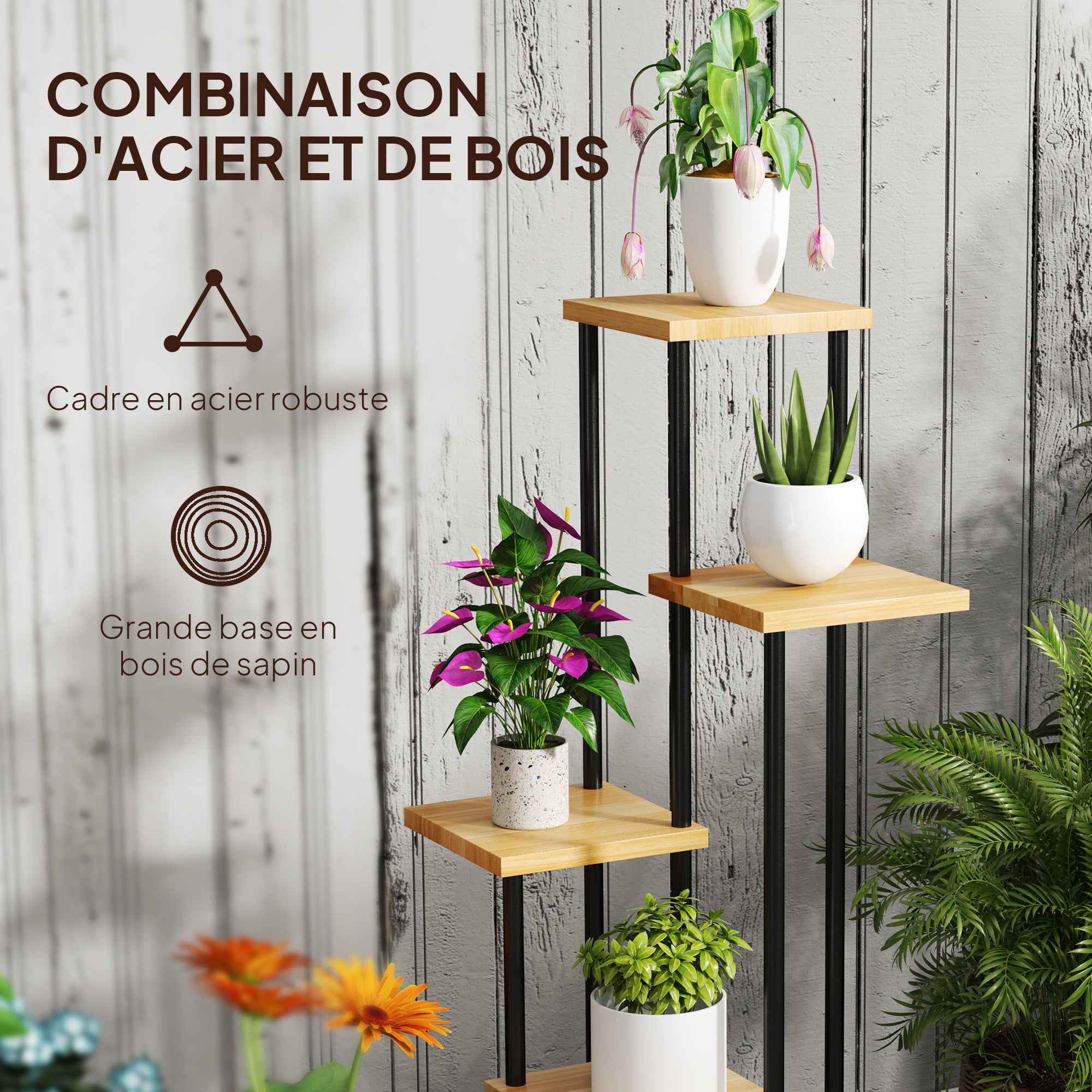 Support à plantes à 5 niveaux pour intérieur et extérieur, étagère plante avec 4 roues en acier et bois bois naturel - 8