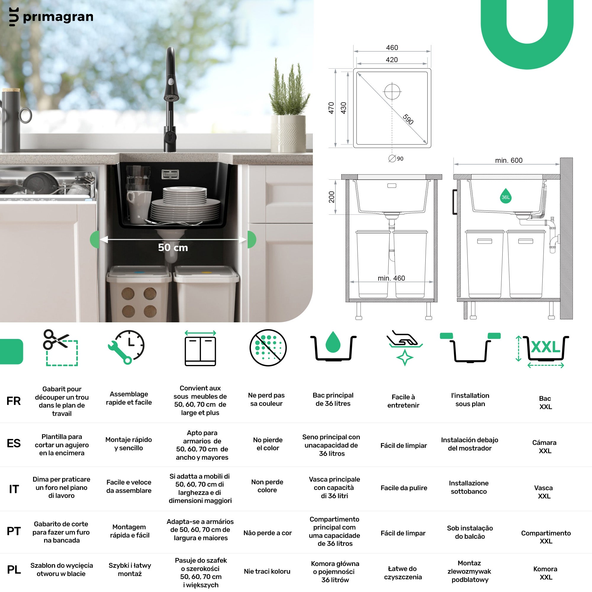 Lavandino sottotop Bianco 46x47cm, Lavello in Granito a 1 vasca + Sifone Classico + Accessori, Lavabo da Cucina al mobile 50cm - London PRIMAGRAN - 6