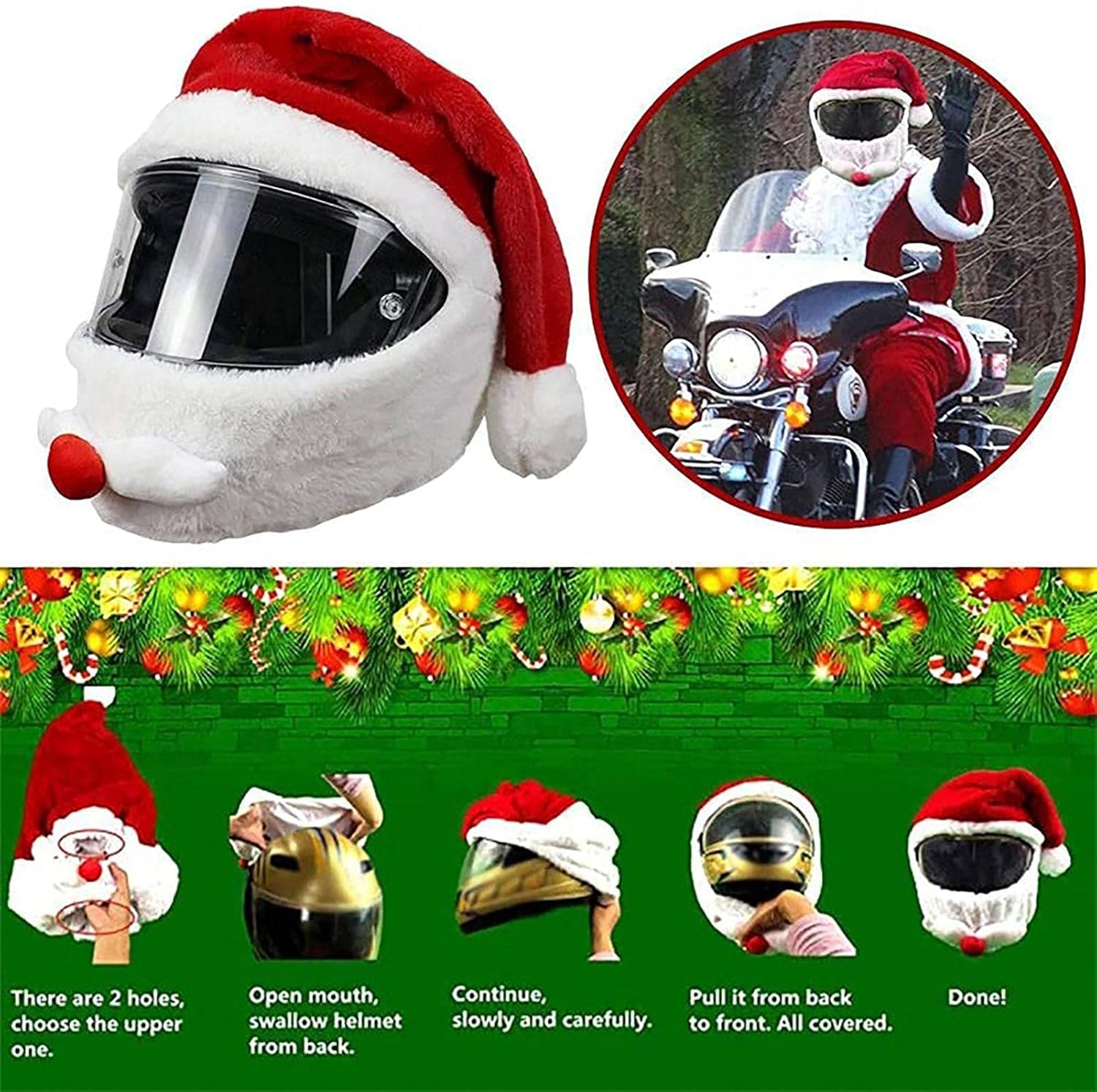 Uniwersalny pluszowy pokrowiec na kask motocyklowy – spersonalizowany czerwony pokrowiec na kask Świętego Mikołaja – prezent świąteczny - 7