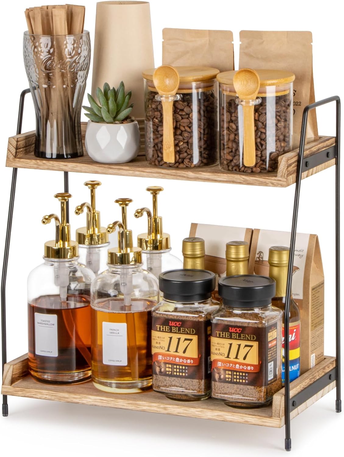 Organiseur Bar à Café 2 Niveaux + 12 Crochets Vintage – Support Tasses & Capsules 35,6 Cm Marron/Noir