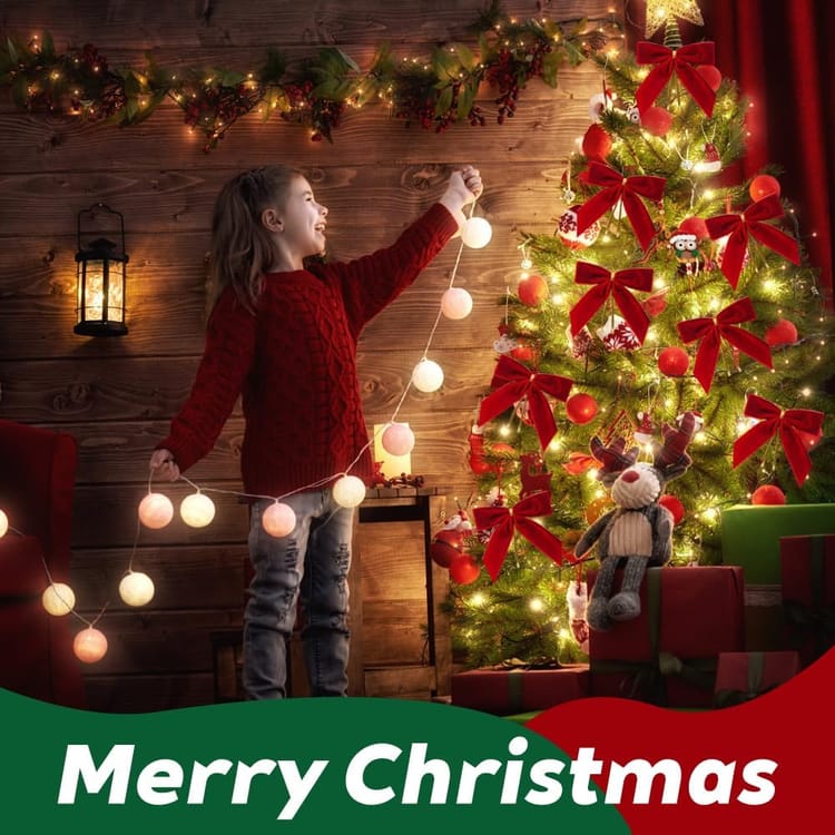 Lot de 24 décorations de Noël pour sapin et maison, nœuds en velours rouge et rubans dorés (rouge) - 6