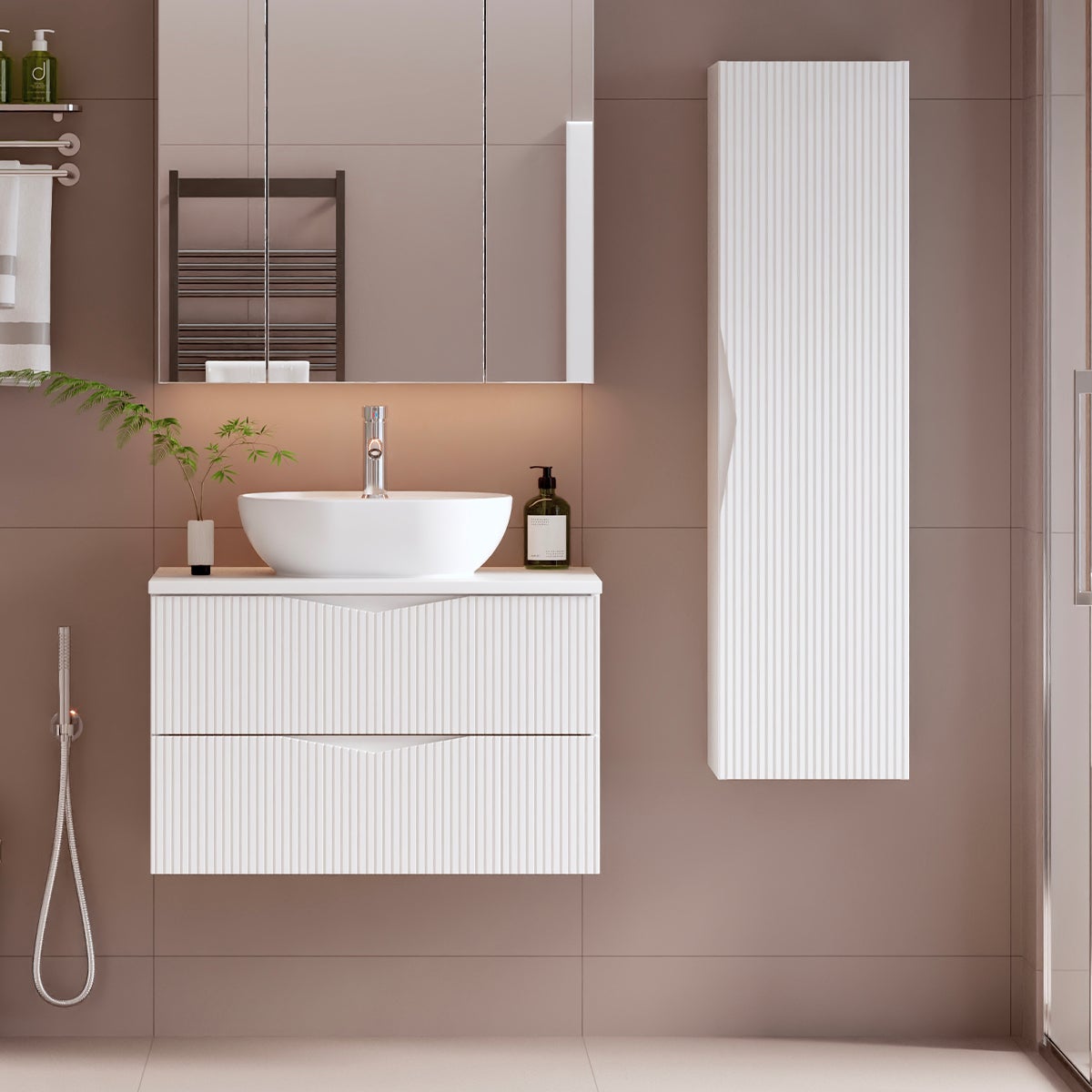 Słupek łazienkowy CLEO 160 cm biały wiszący z półkami ryflowane fronty MDF - 4