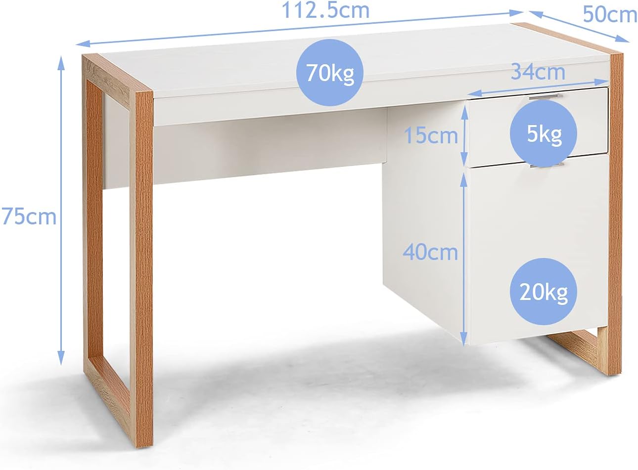 Bureau avec Rangement 2 Tirors, 112,5 x 50 x 75 cm, Petit Bureau Blanc Moderne pour Enfant , Gain de Place, pour Chambre, Petit Espace, Charge 95kg - 6