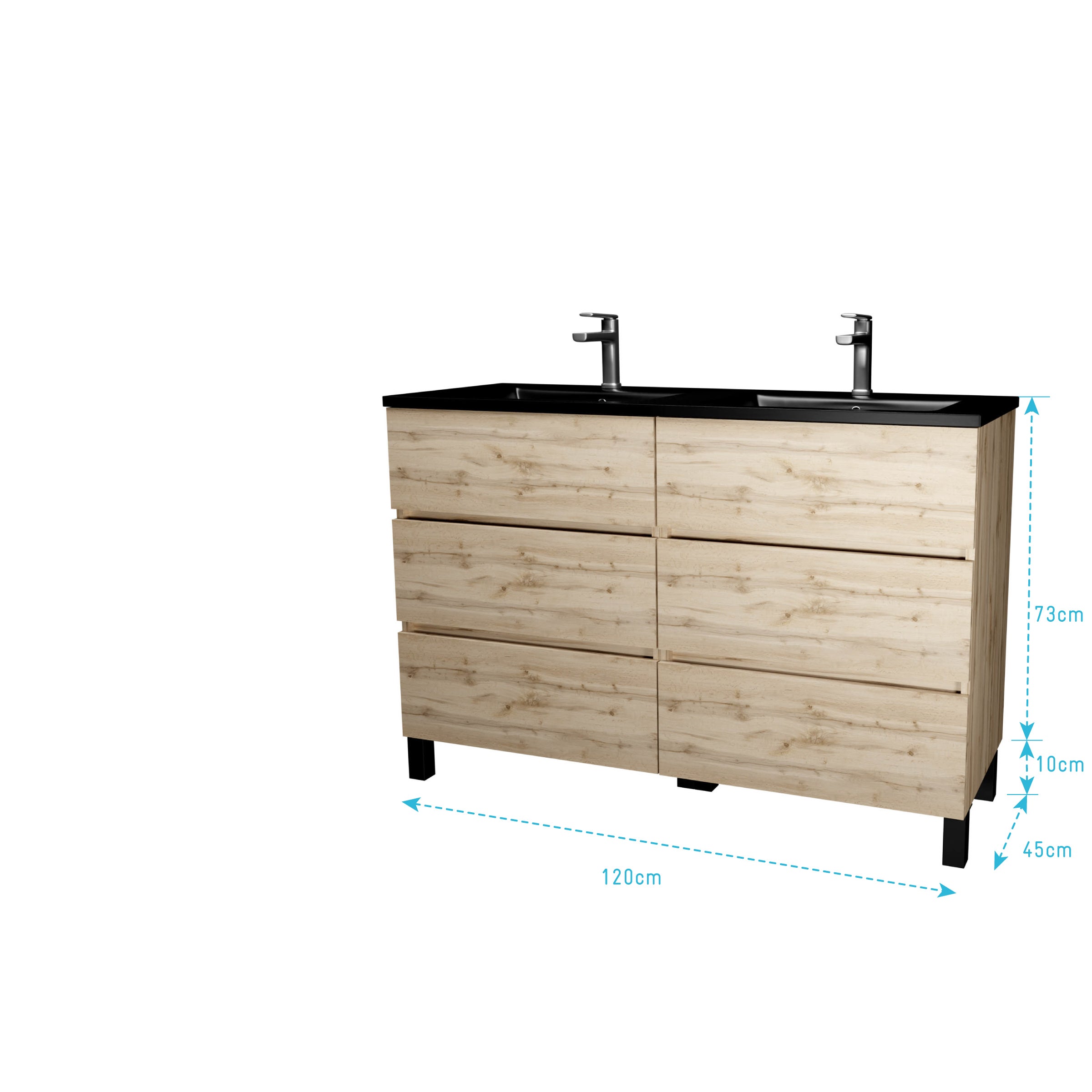 Meuble de salle de bains 120 cm 6 Tiroirs Chêne Naturel + Vasque Double Céramique Noire - TIMBER - 5