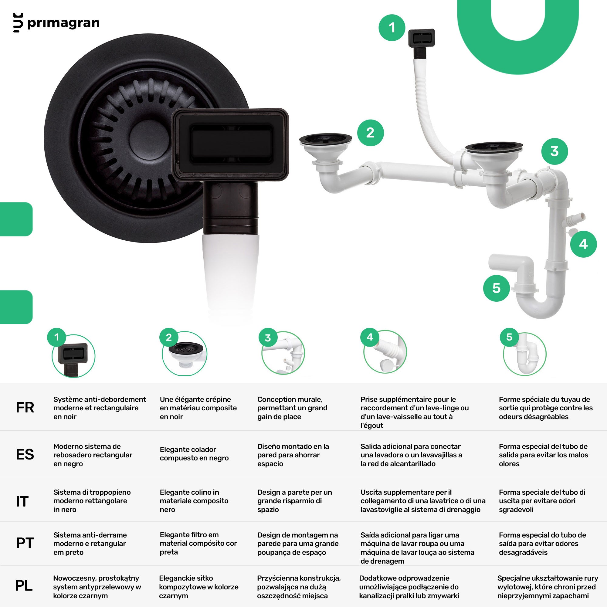 Lavandino da Cucina Tutto Nero 78x50cm, Lavello in Granito a 2 vasche + Accessori, Lavabo da Cucina Incasso al mobile 80cm PRIMAGRAN - 8