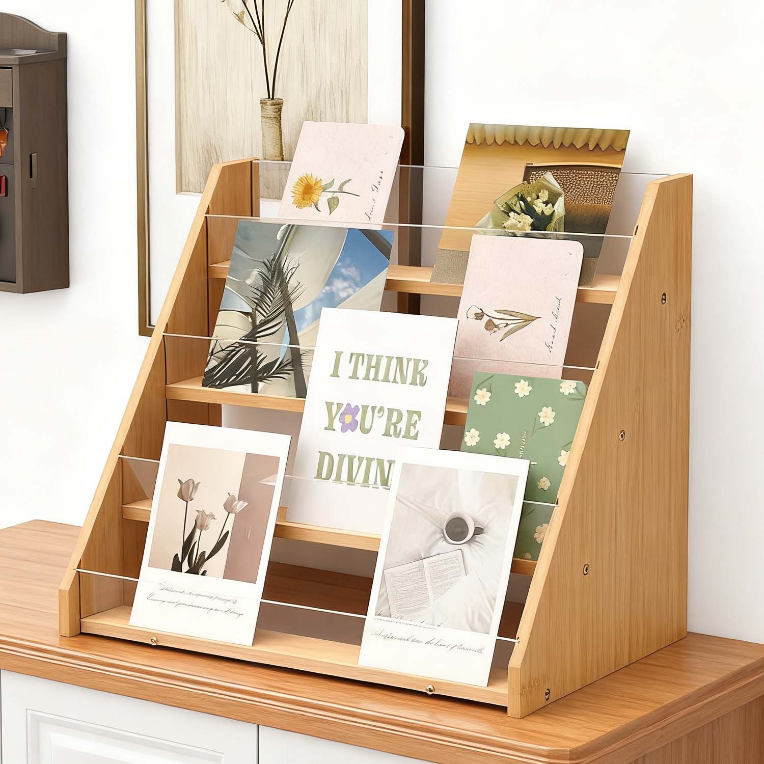 SOLUSTRE Support Cartes De Vœux En Bois - Présentoir Table Multi-niveaux Pour Bureaux Et Événements