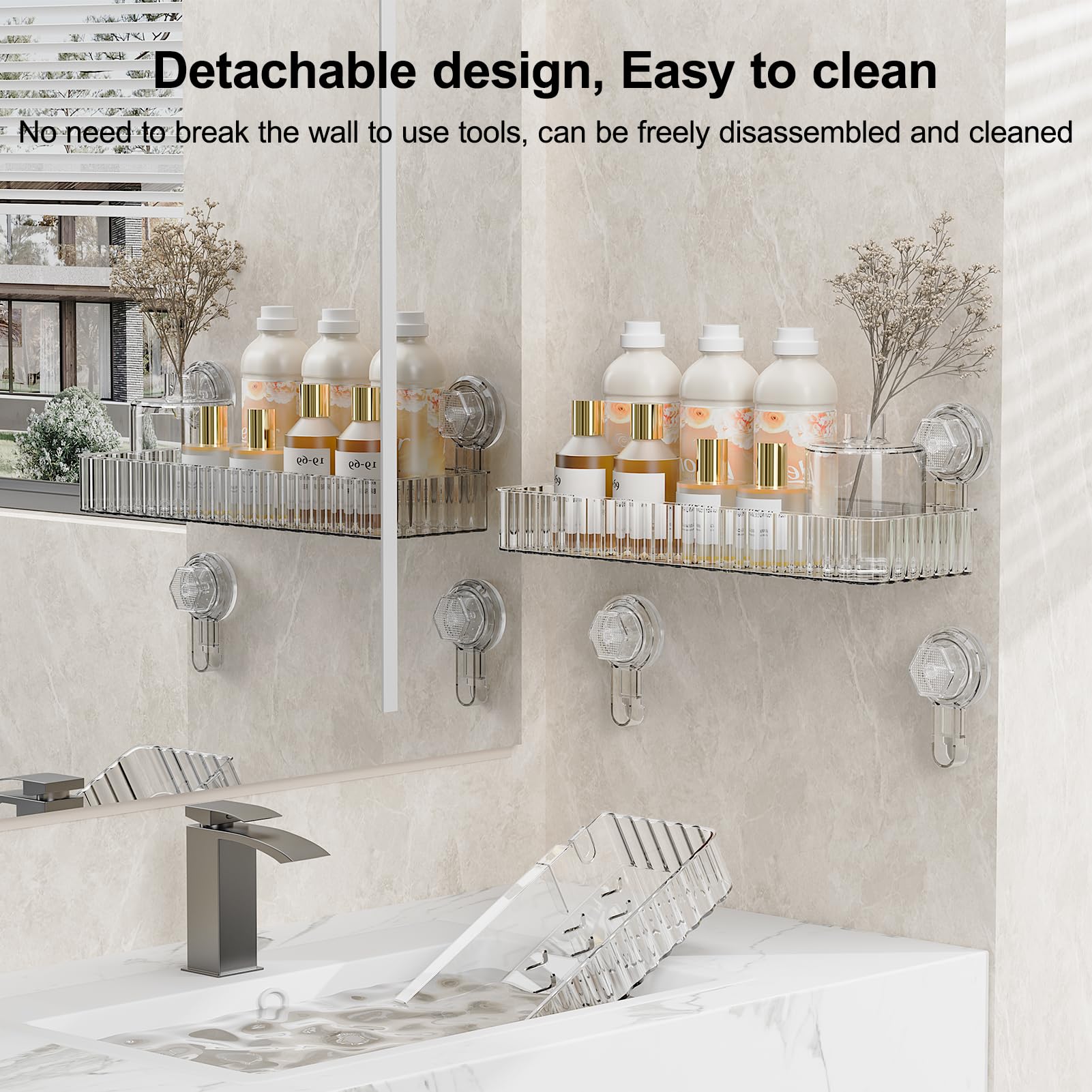 2 étagères de salle de bain à ventouse, rangement pour produits de toilette, rangement pour cosmétiques,sans perçage,installation en une seconde-Blanc - 3