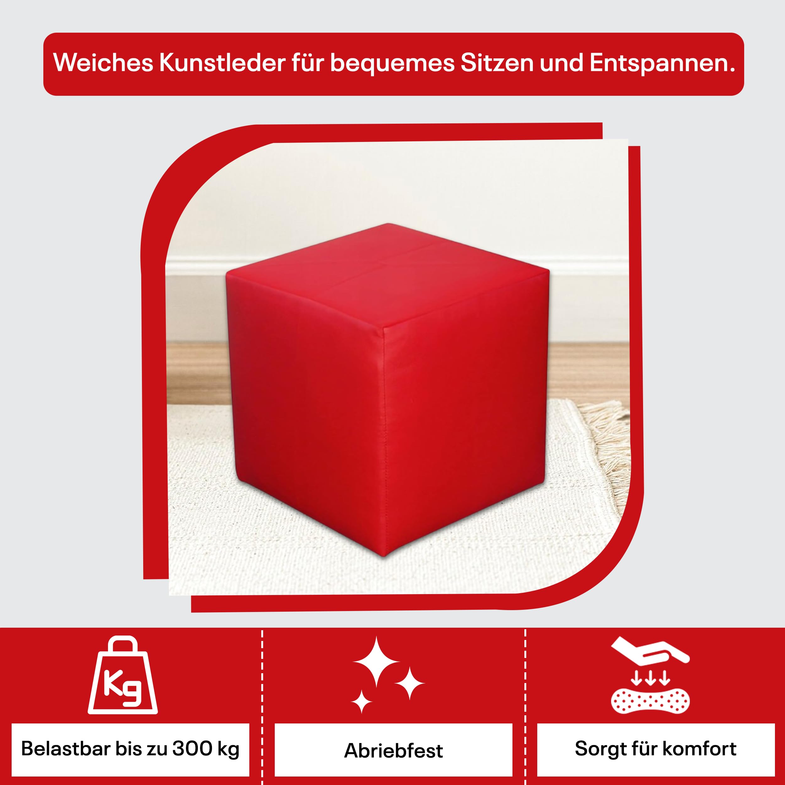 Sitzwürfel / Siège Pouf - Rouge, 40X40X40 Cm, Assise Rembourrée En Simili Cuir, Confortable Pour Salon, Chambre Ou Bureau - 5