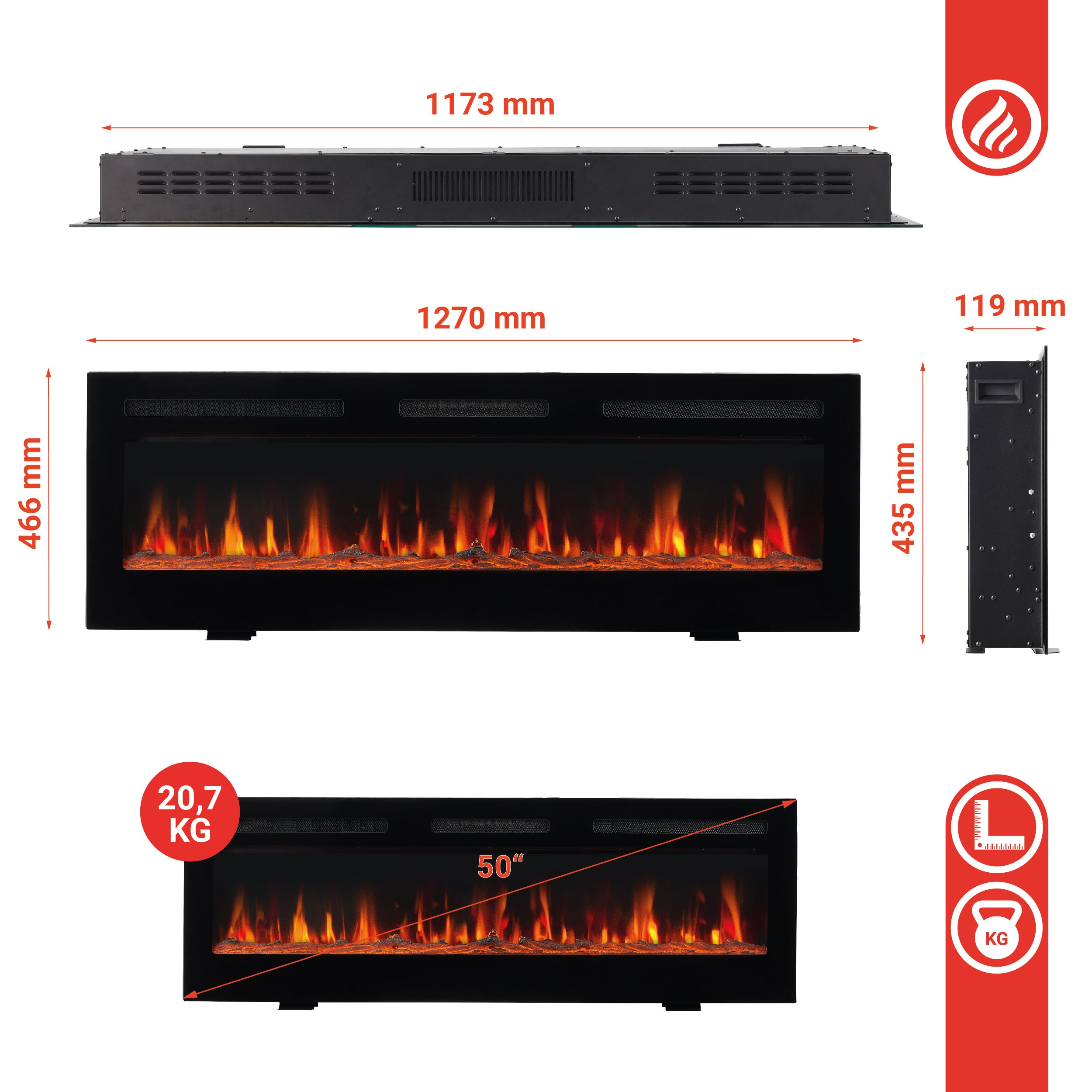 KAMINIO Chimenea eléctrica MARLON - Chimenea eléctrica 3 en 1 con calentador, efecto de llama 3D, 12 colores de llama, control remoto - 50 pulgadas - 8