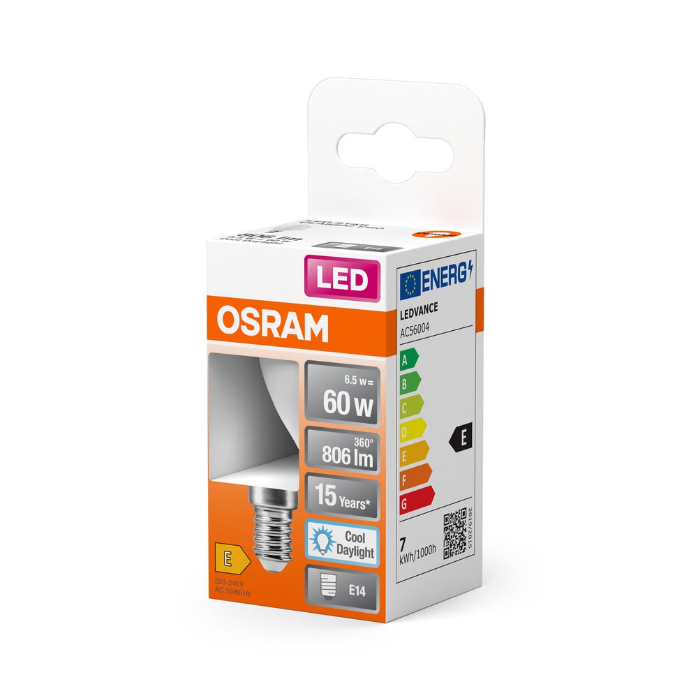 Ampoule LED Osram, Mini Form Classic Mini Ball, 60 Watts Remplacement, E14, P-Shape, 6500 Kelvin, Cold Daylight, Matt, Pack Single - 2
