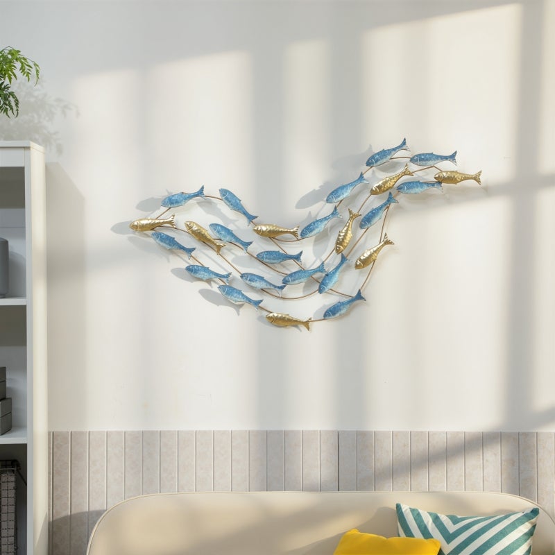Décoration murale en métal « Banc de poissons » avec vis incluses, 99,7 x 3,8 x 50,2 cm, doré et bleu - 2