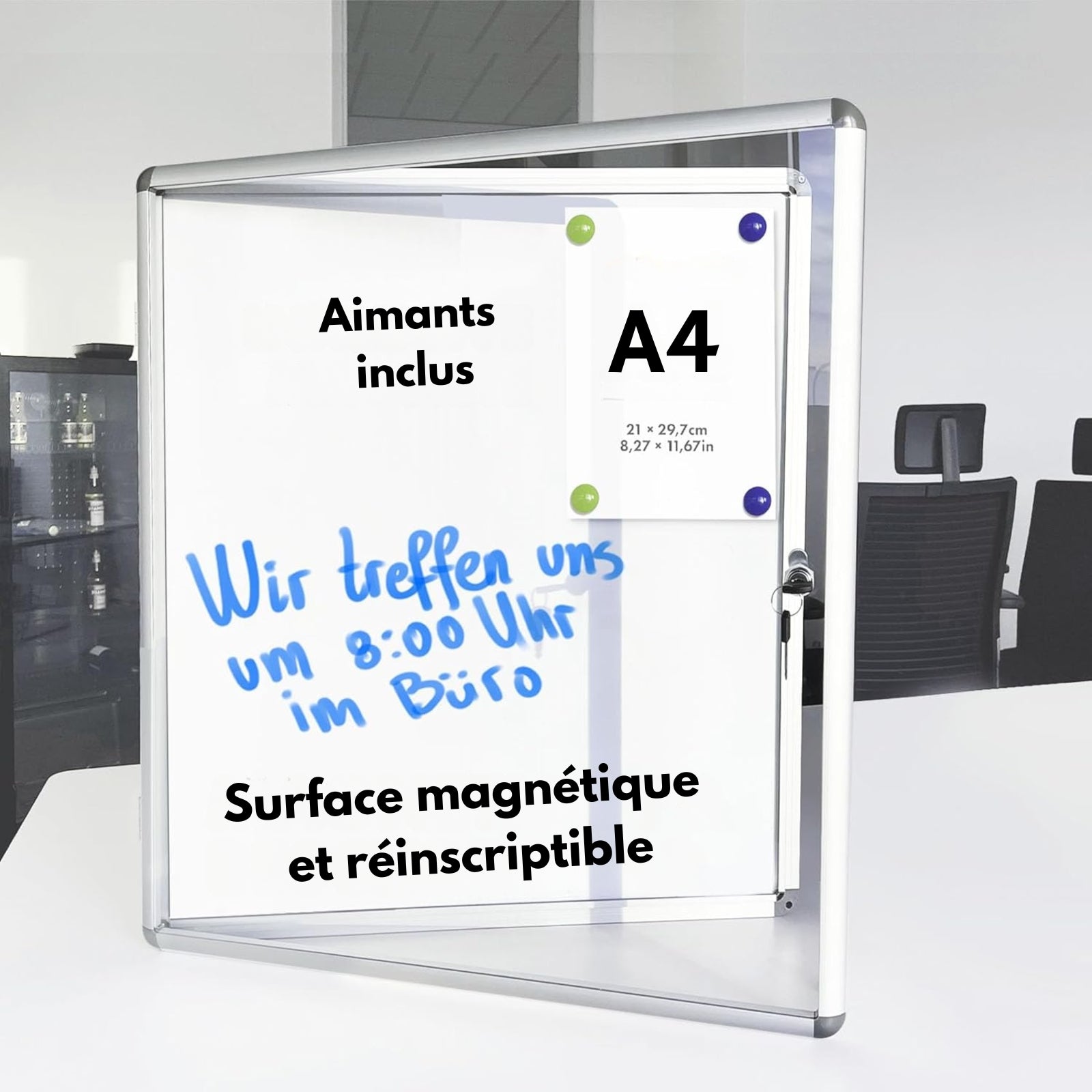Vitrine murale 68 x 51 cm avec cadre en aluminium, 4 x A4 avec magnets, Tableau d'affichage avec panneau arrière magnétique et inscriptible - 3