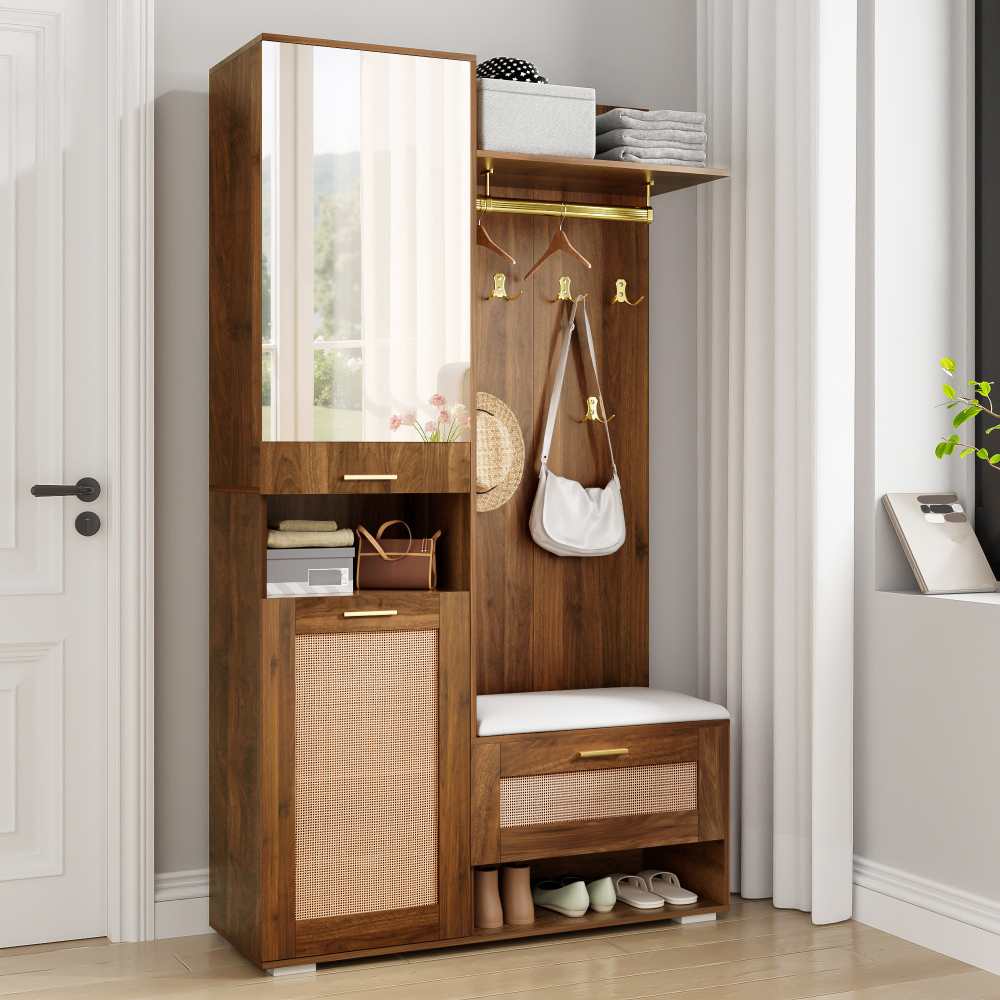 Set di Armadio con Specchio, Illuminazione LED a 16 Colori, 6 Ganci Dorati, Scarpiera e Panchina, Design Moderno per Entrata - 7