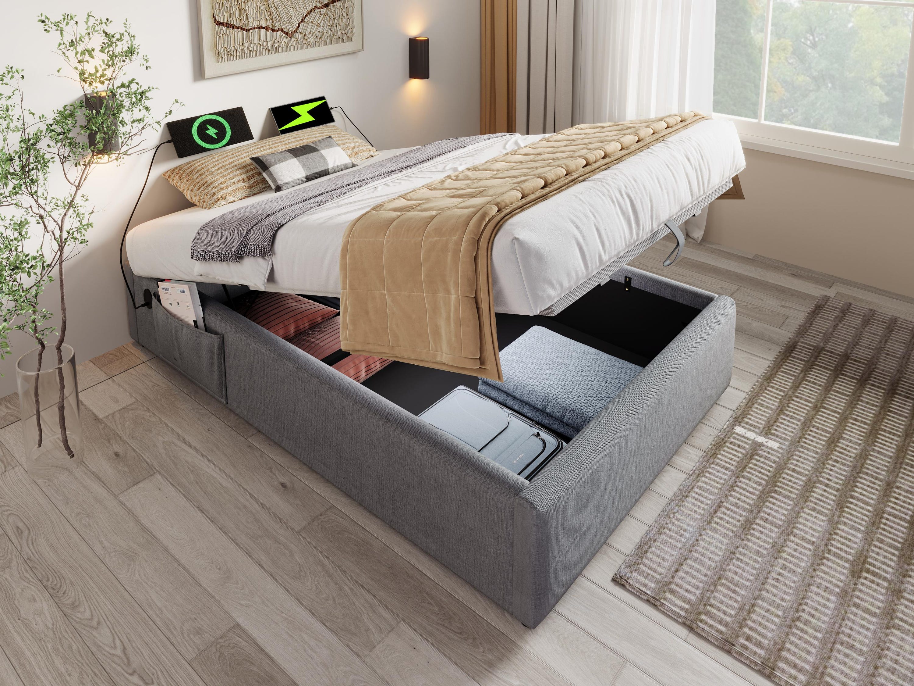 Letto contenitore con testiera regolabile - 160 x 200 cm - tessuto lino - rete a doghe - colore grigio Letto contenitore con testiera regolabile - 160 x 200 cm - tessuto lino - rete a doghe - colore grigio