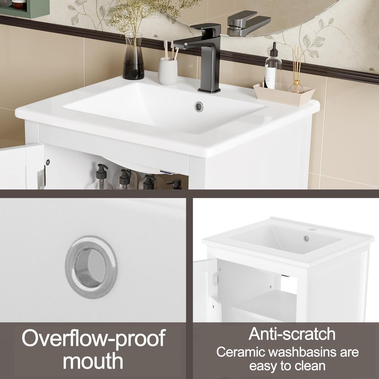 Mobile lavabo 51x46x85 cm con lavandino in ceramica, cassetto silenzioso, ripiano regolabile, design impermeabile in MDF, bianco - 6