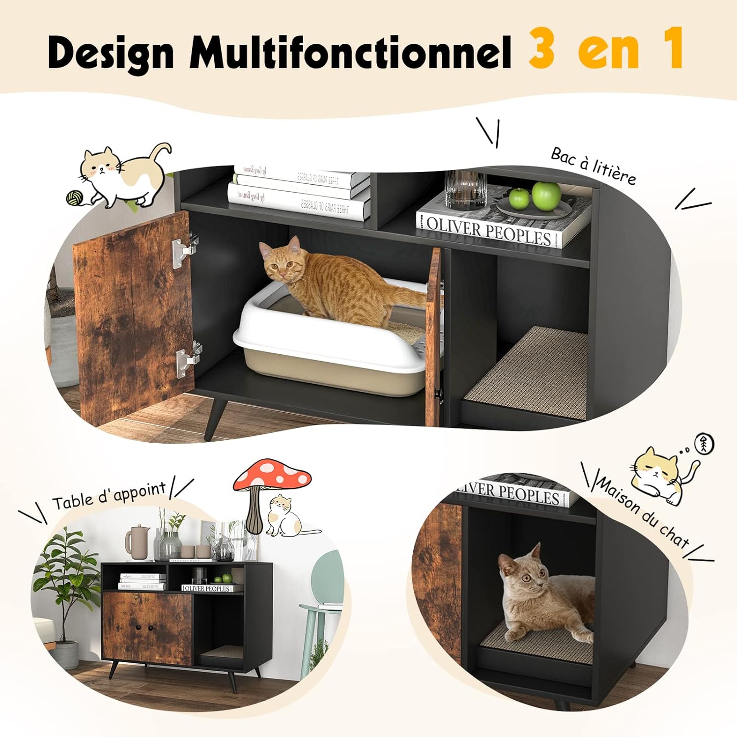 Arena para gatos, armario para gatos con puerta doble, gato Compartimentos y rascador, 90 x 50 x 70 cm - 5