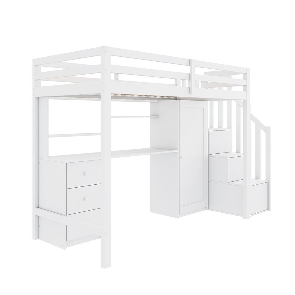 Avec bureau et armoire, escalier, lit superposé pour enfants, avec tiroirs et armoire d'escalier, 90*200 cm, blanc - 7