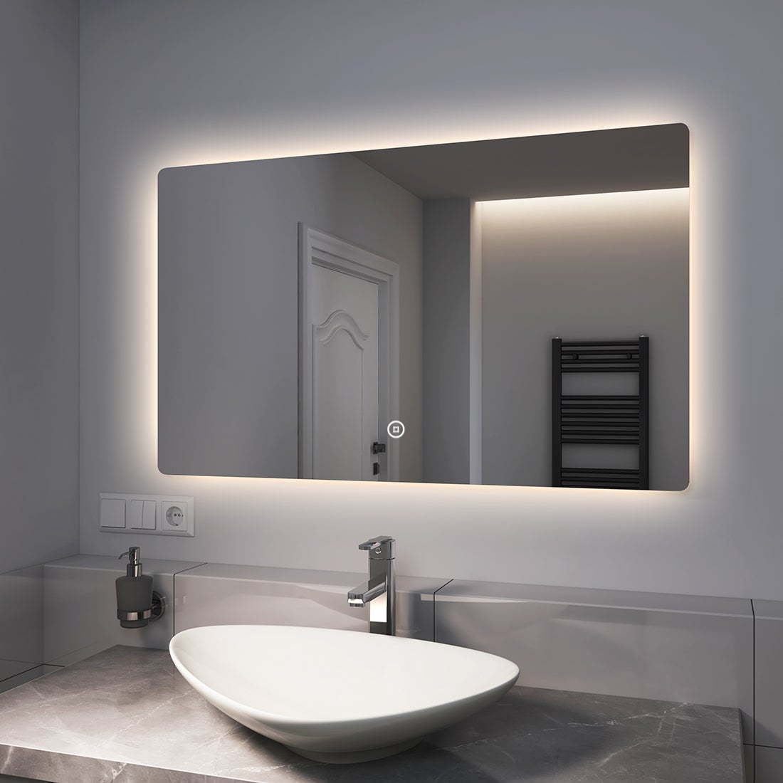 EMKE Lustro łazienkowe z oświetleniem LED 100x60 cm, z 3 barwy światła, możliwość ściemniania, funkcja pamięci, IP44, bezramowe