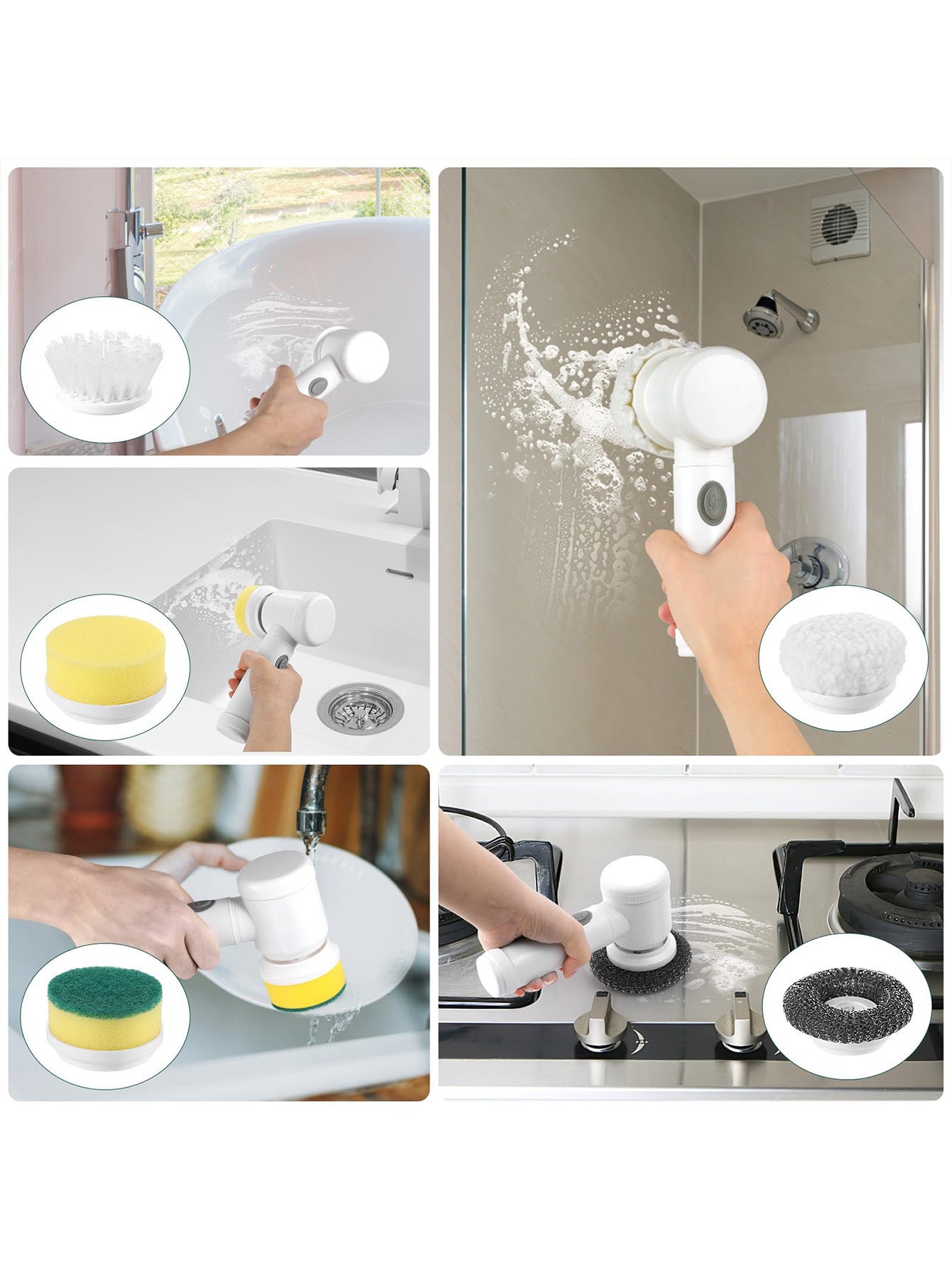 Brosse rotative électrique pour douches, salles de bains, lavabos et cuisines avec 5 têtes de brosse de nettoyage électriques, blanche. - 7
