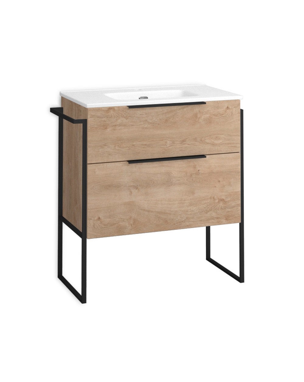 Armadio da bagno montato a pavimento con lavandino in ceramica | 100 cm | 2 cassetti con chiusura imbottita e organizzatore | Quercia naturale - 2