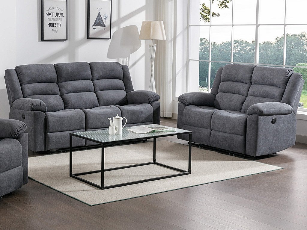 Kanapa 3 osobowa i 2 osobowa z funkcją relax elektryczna z szarą tapicerką - BUROLO