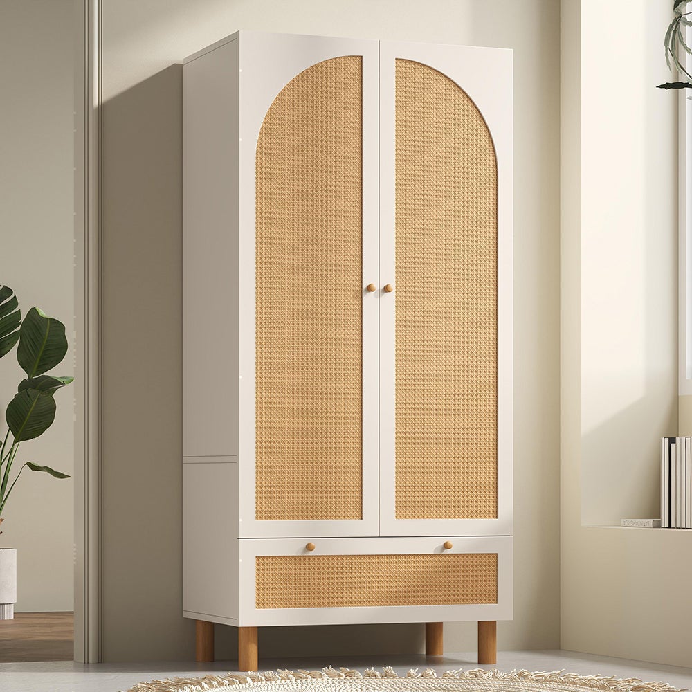 Armoire penderie à 2 portes et rotin blanc avec grand tiroir étagères réglables en hauteur - 8